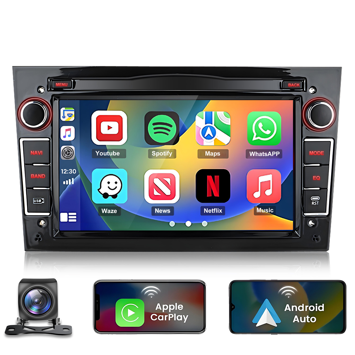 Ekran multimedialny samochodu z aplikacjami, plus kamera samochodowa, telefony Apple CarPlay i Android Auto.