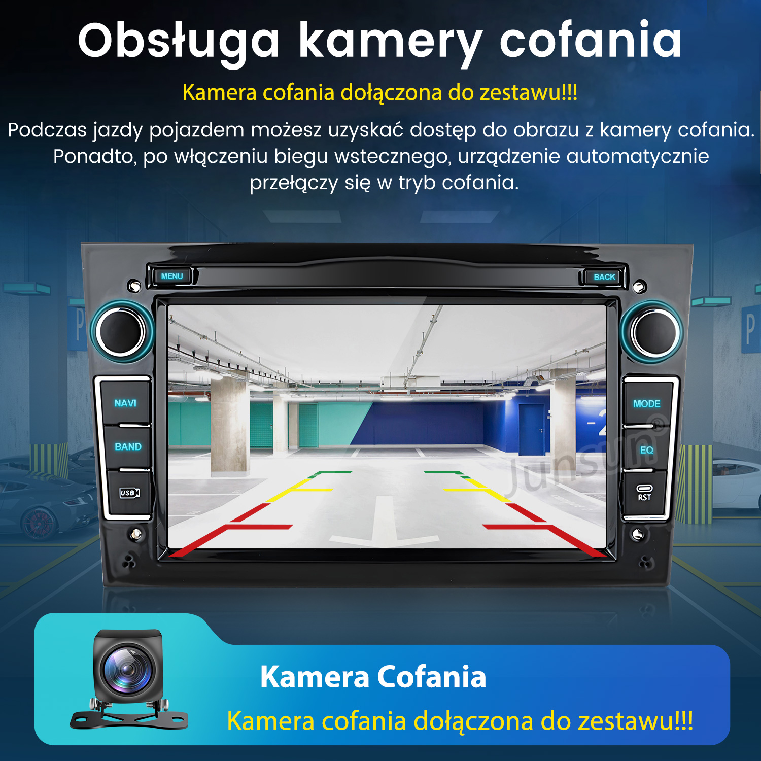 Ekran radia samochodowego pokazujący parking z kamery cofania.