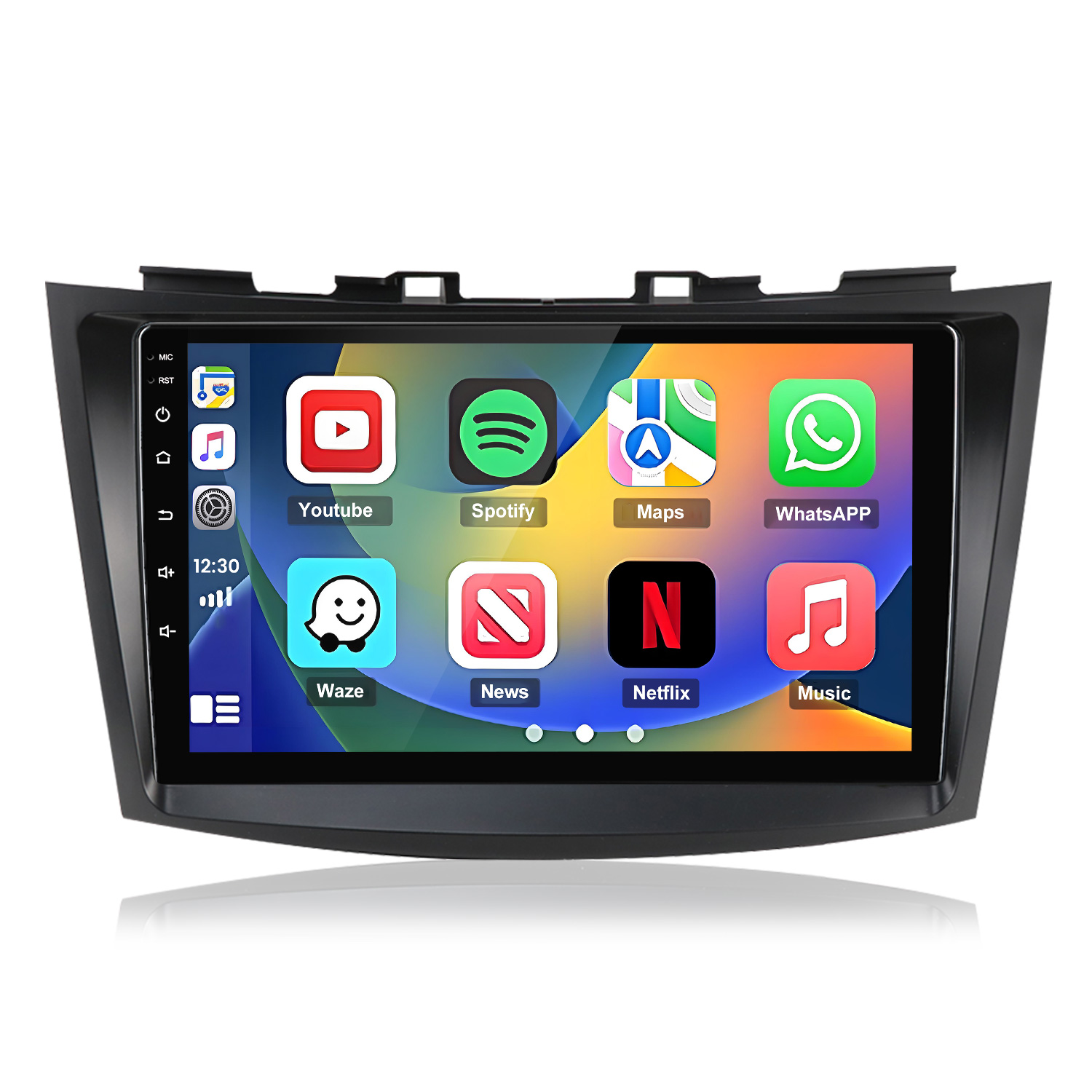 Ekran radia samochodowego z ikonami aplikacji: Youtube, Spotify, Maps, WhatsApp, Waze, News, Netflix, Music.