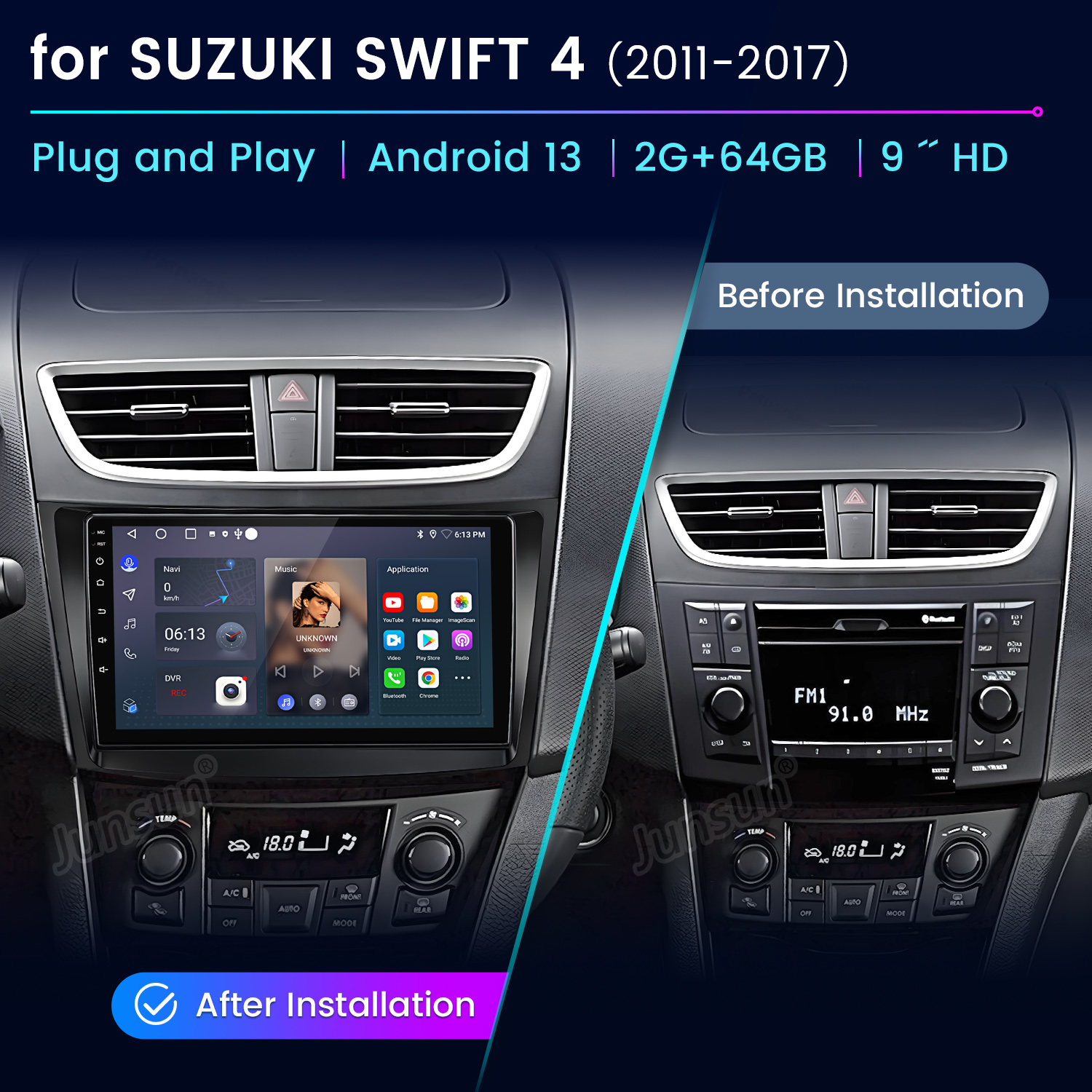 Porównanie Suzuki Swift radio samochodowe z Android 13 przed i po instalacji.