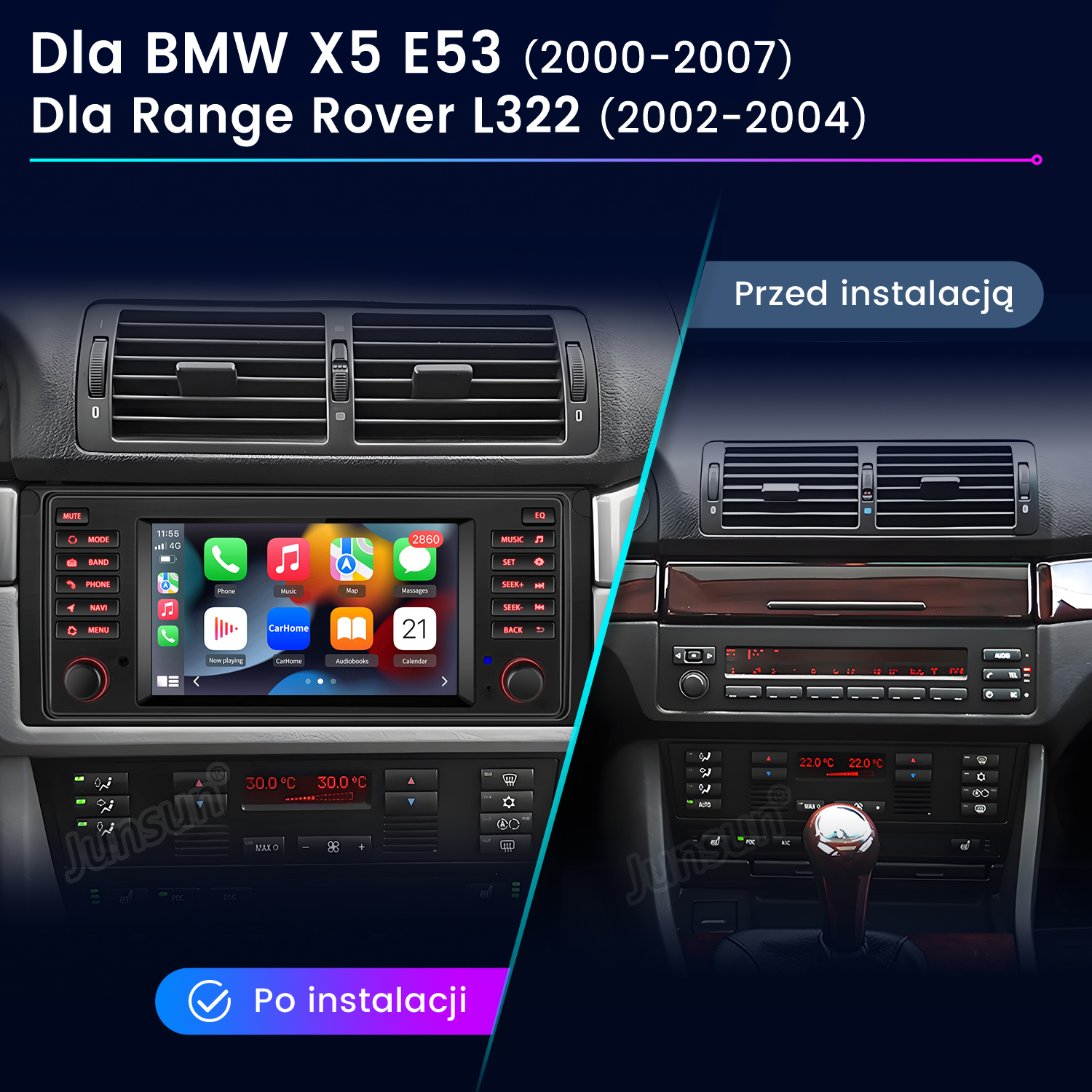 Porównanie systemu infotainment samochodu BMW X5 i Range Rover przed i po instalacji.