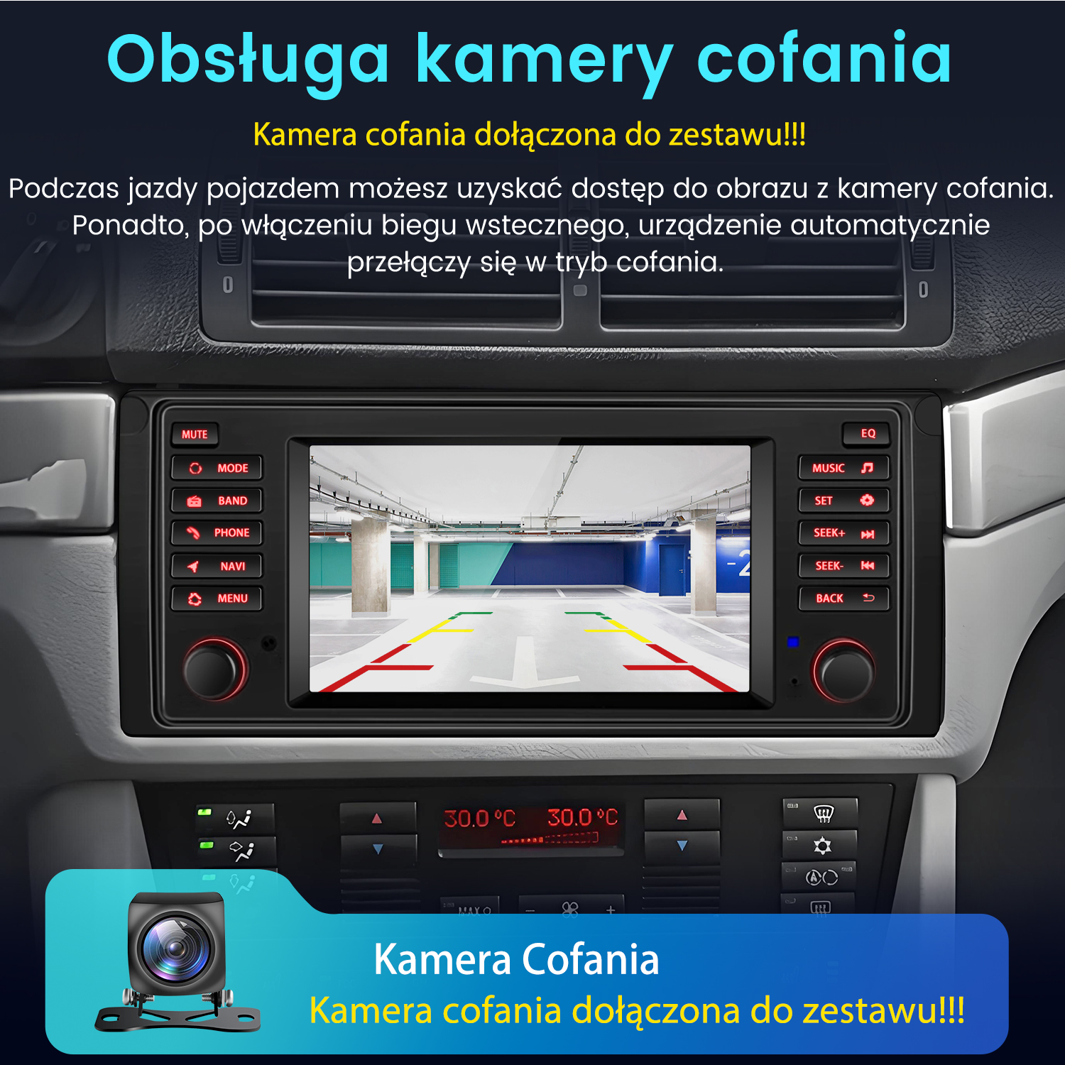 Radio samochodowe wyświetla widok parkingu z kamery cofania.