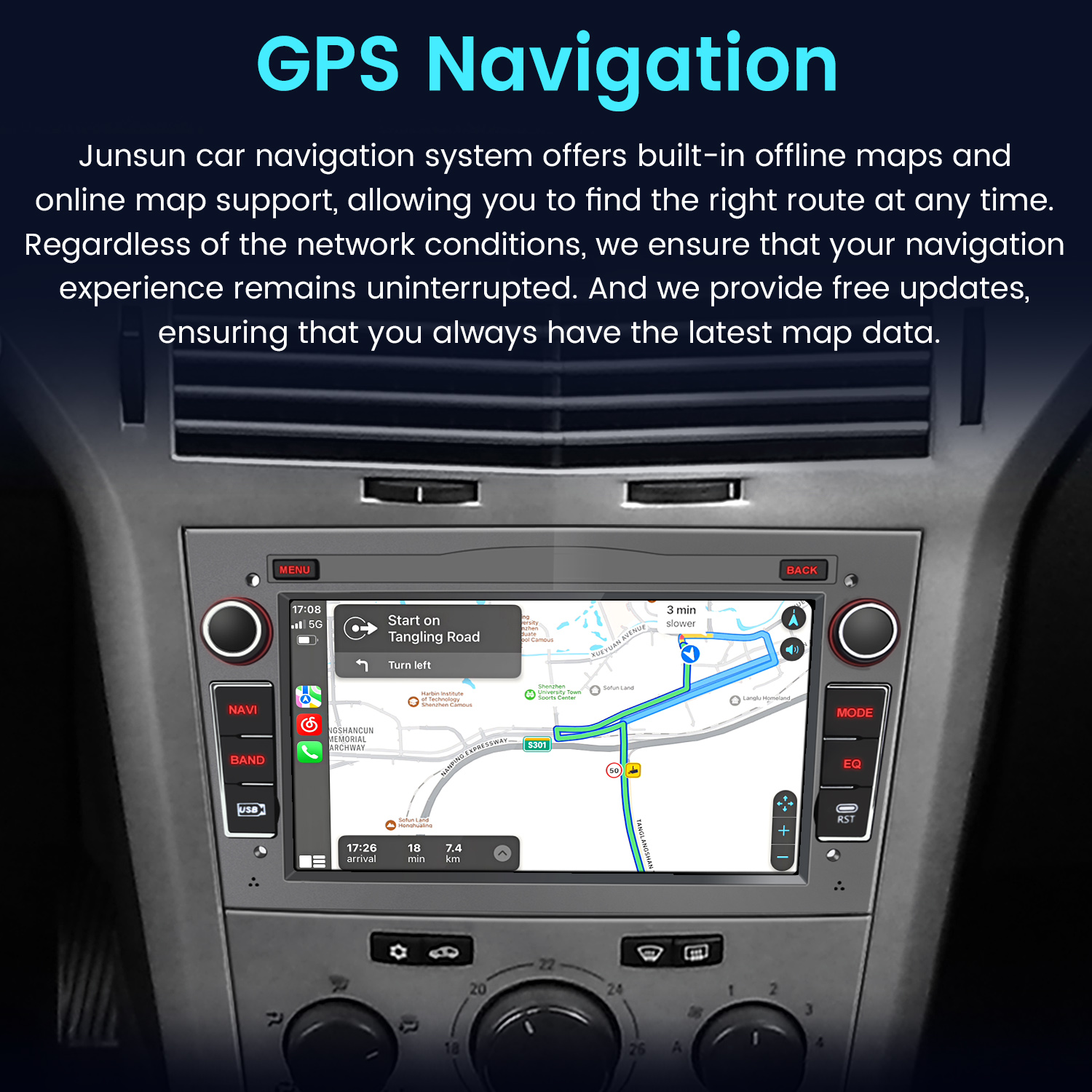 Ekran nawigacji GPS w samochodzie pokazujący trasę, informacje o ruchu i czas przyjazdu.