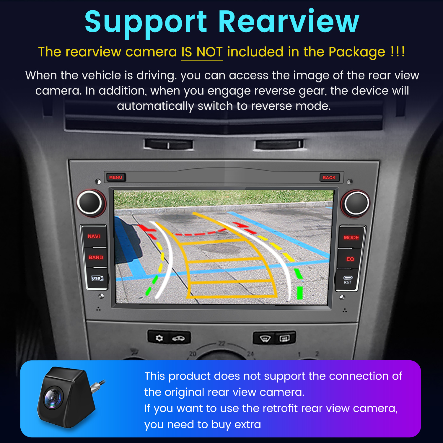 Wnętrze samochodu z ekranem pokazującym widok z kamery cofania.