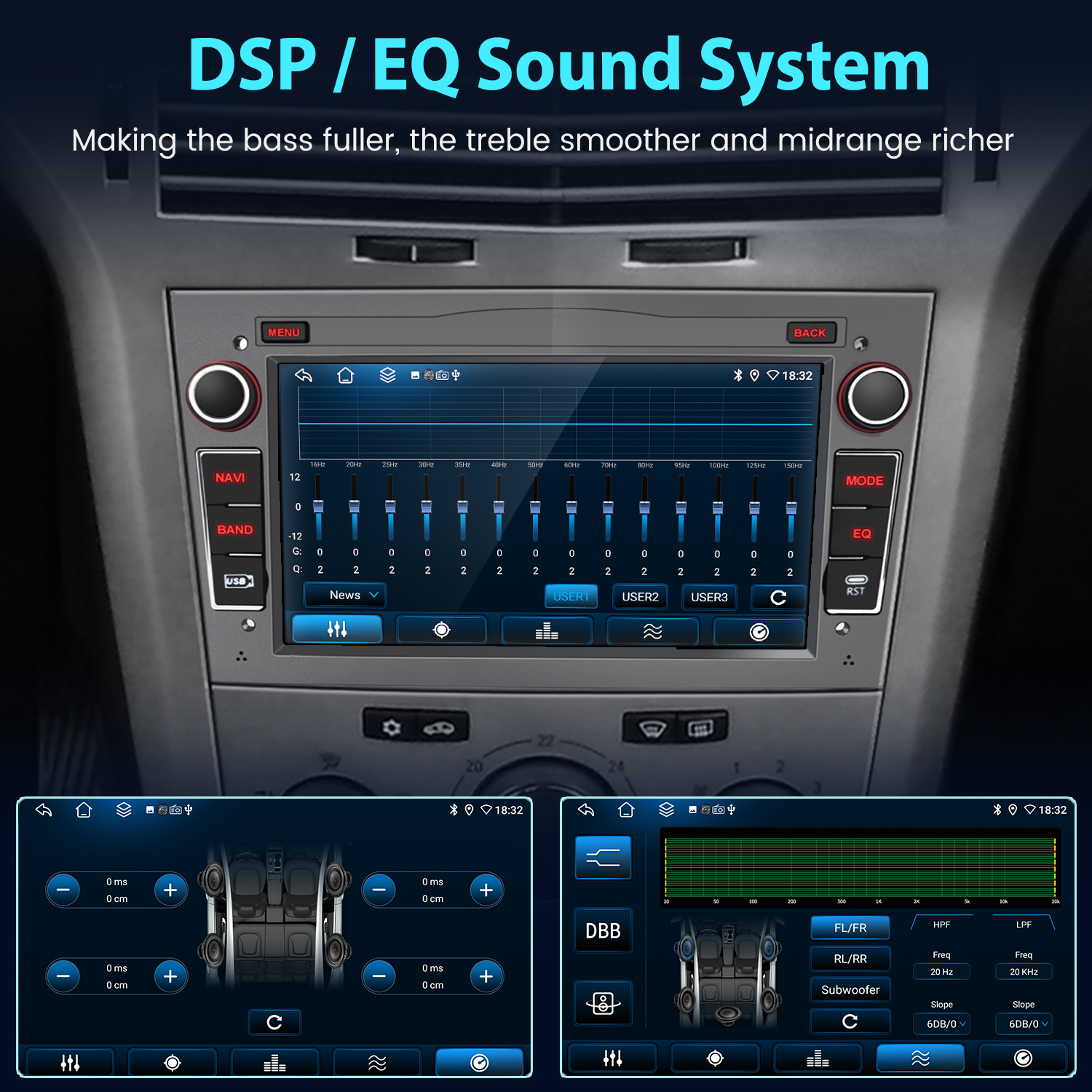 System audio samochodu z ustawieniami korektora, układem głośników i pasmami częstotliwości.