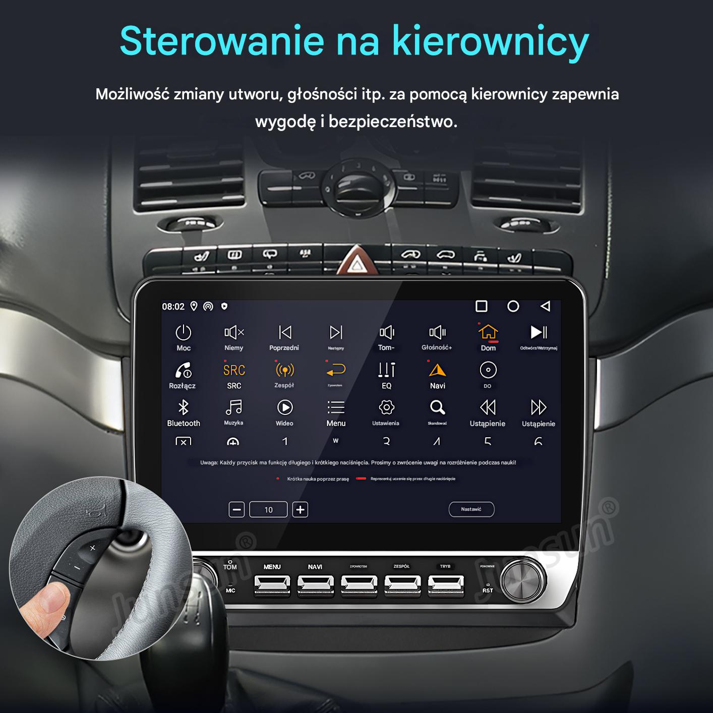 System multimedialny samochodu z ekranem dotykowym i sterowaniem z kierownicy.