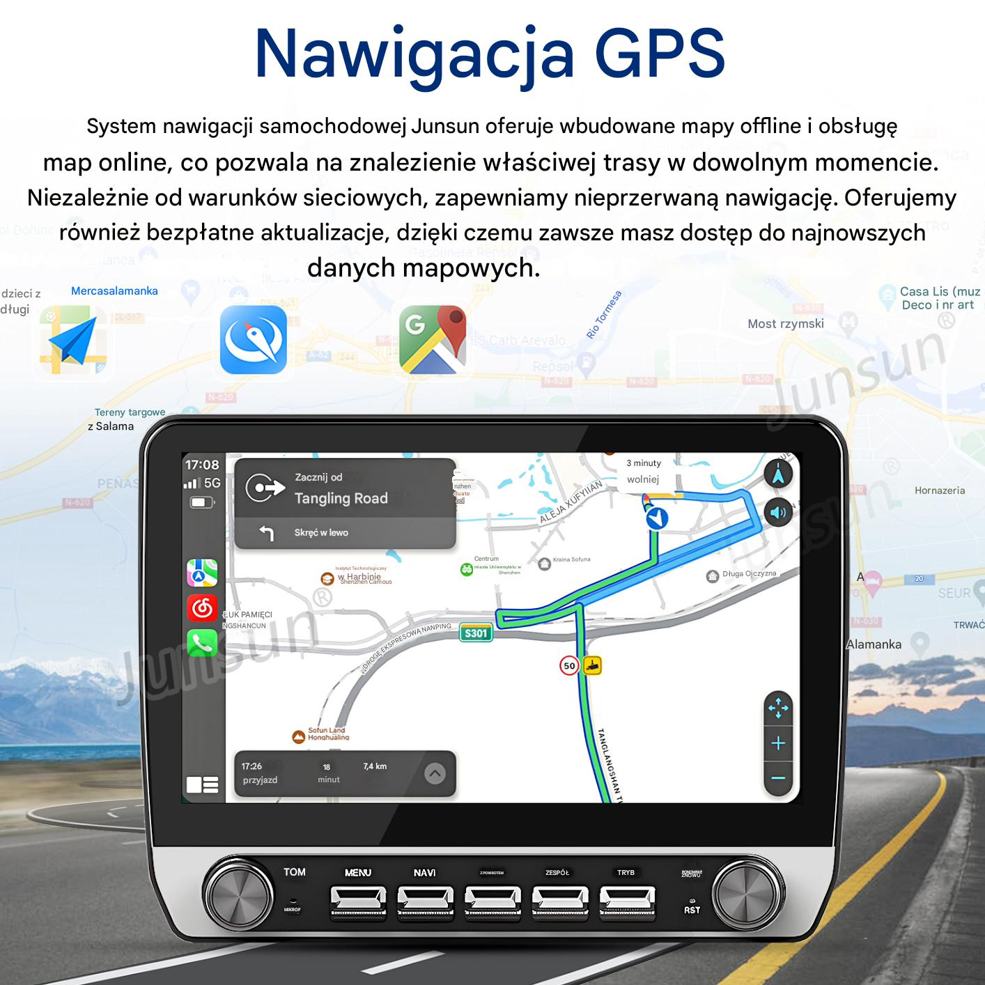 System nawigacji GPS pokazuje mapę z trasą, czasem i odległością.