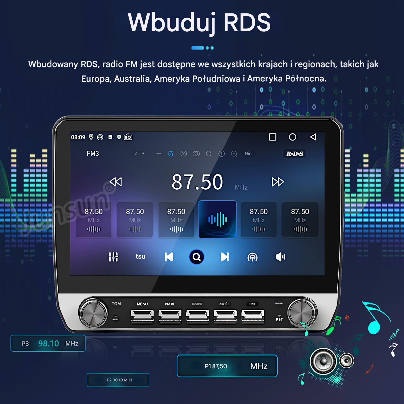 Wyświetlacz radia samochodowego pokazuje FM3 na 87.50 MHz z paskami korektora.
