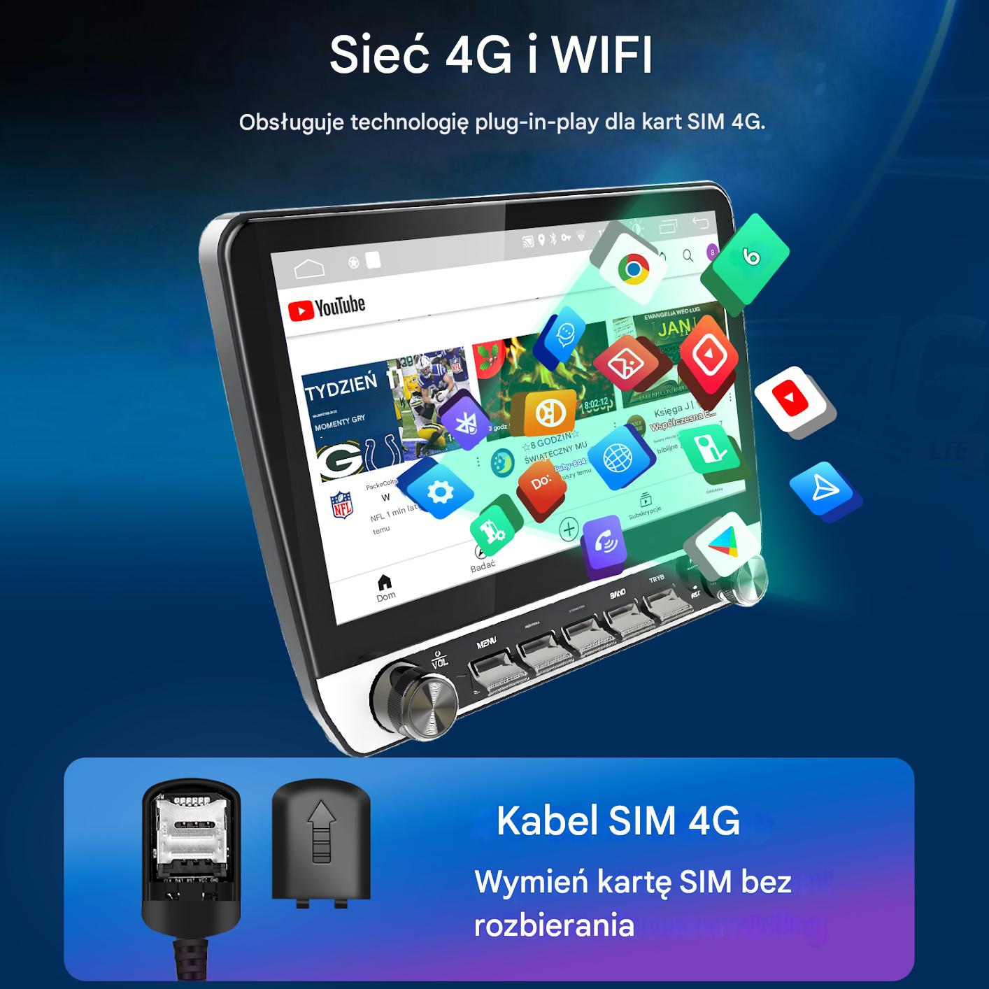Tablet wyświetlający aplikacje, poniżej adapter karty SIM.