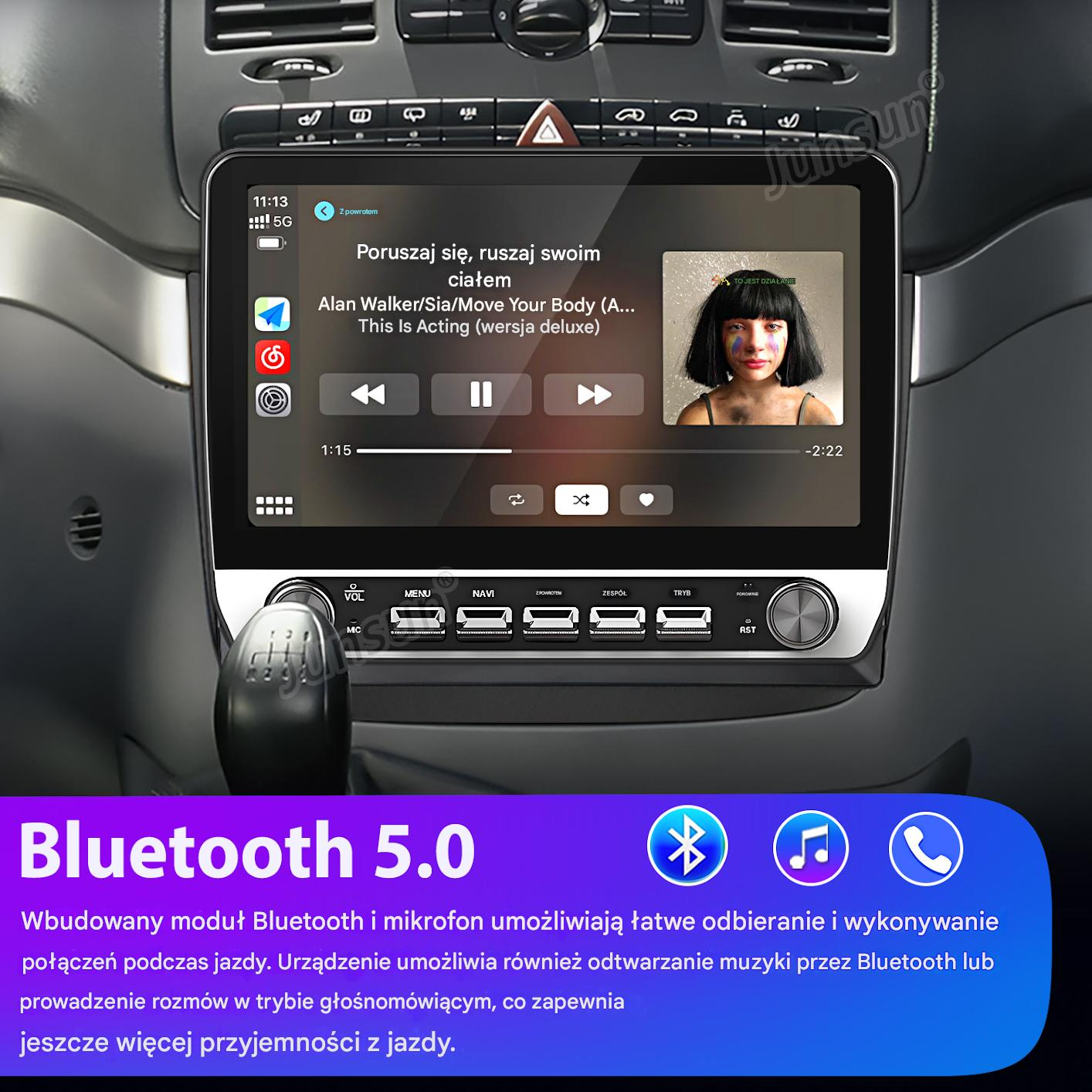 Deska rozdzielcza z radiem dotykowym odtwarzającym muzykę. Poniżej dźwignia zmiany biegów.