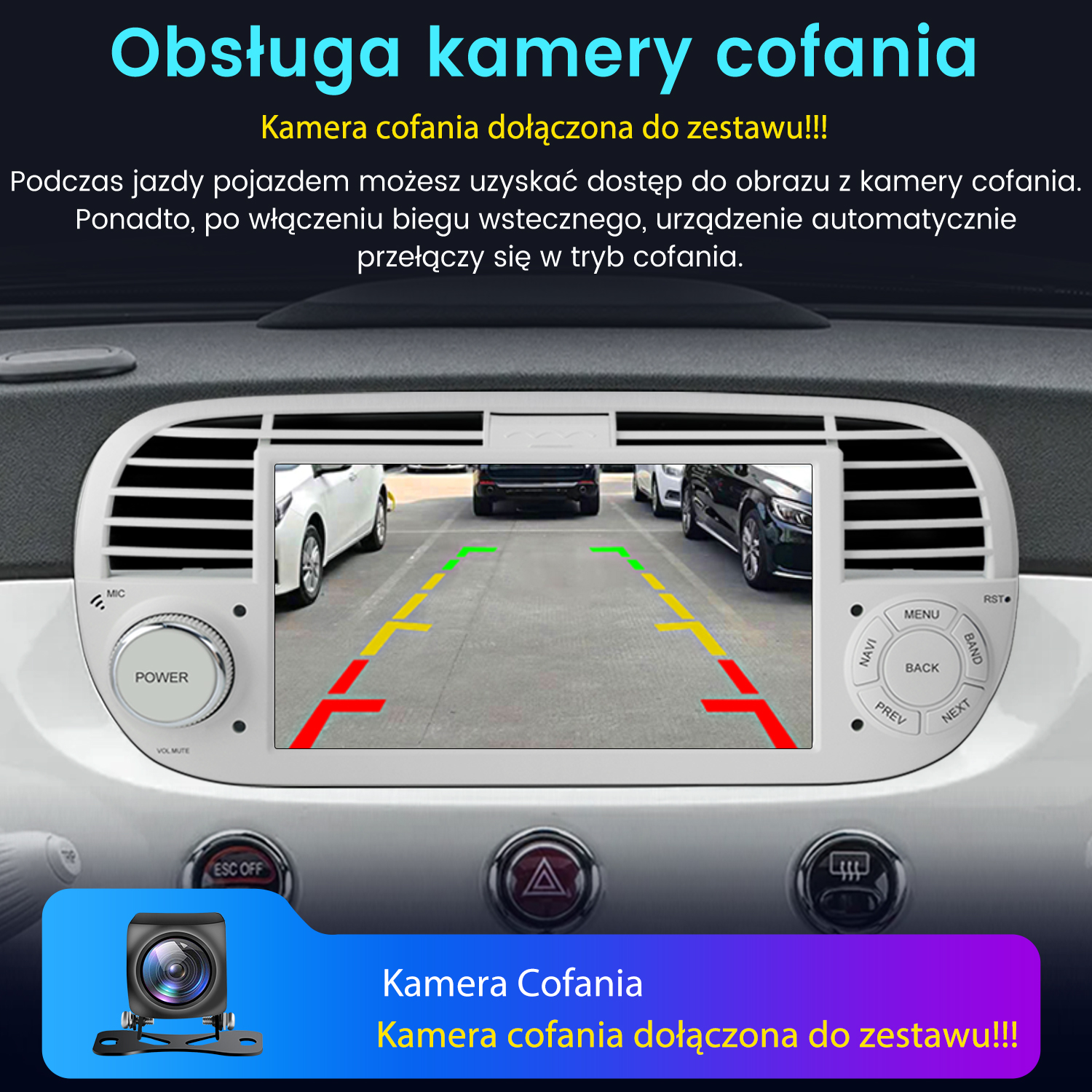 Ekran kamery cofania w samochodzie, pokazujący linie parkowania i samochody.