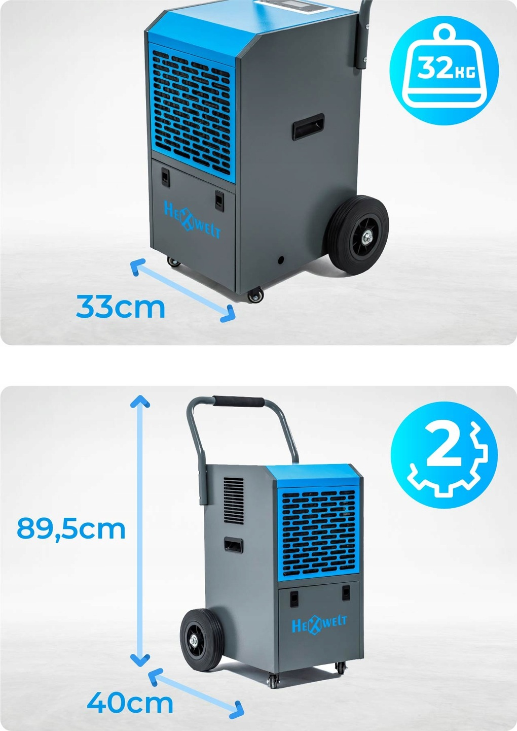 Szary osuszacz powietrza z niebieskim blatem i kółkami. Wymiary 33x89,5x40cm.
