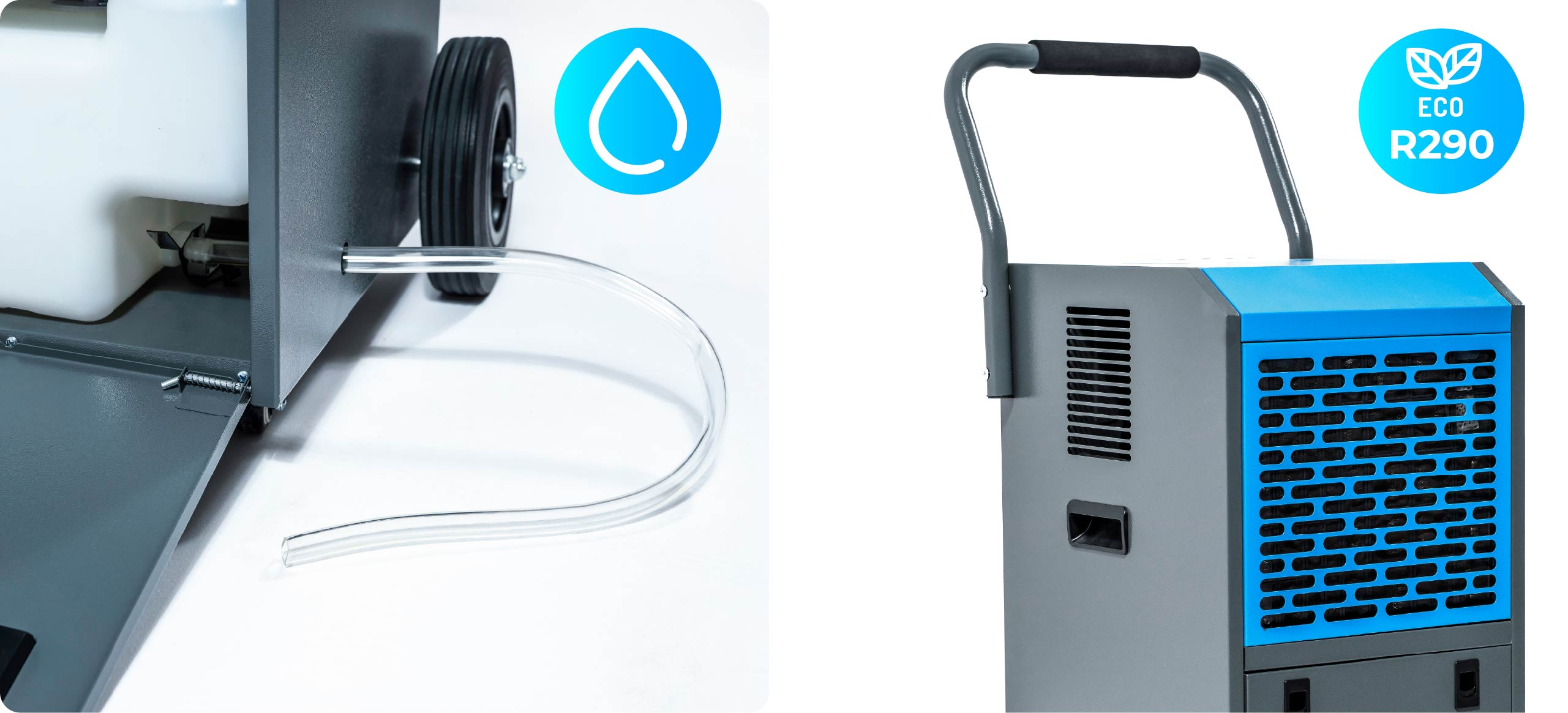 Część osuszacza z niebieską kratką, uchwytem i ikoną wody.