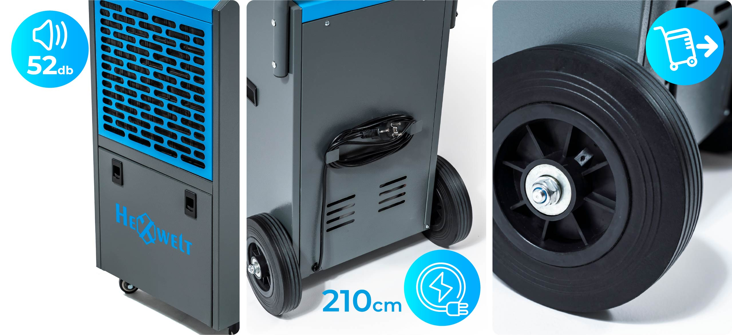 Szary osuszacz powietrza z kołami, 52dB, kabel 210cm, ikona wózka.