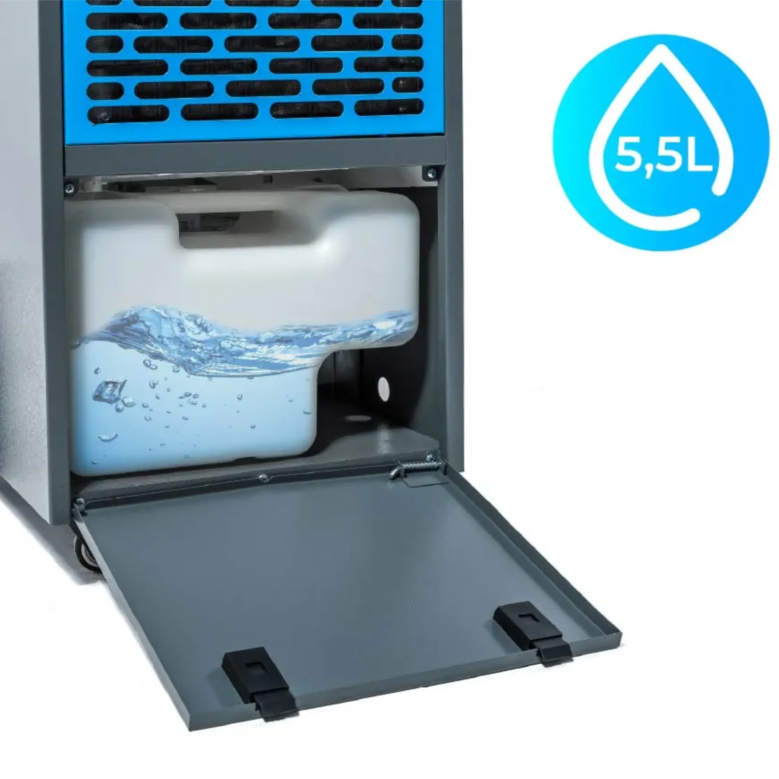 Osuszacz powietrza z niebieską kratką i zbiornikiem na wodę 5,5L.