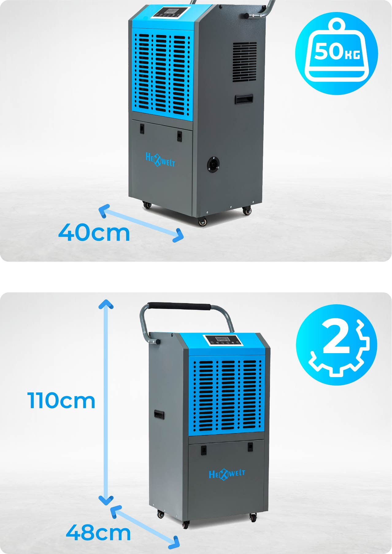 Szary osuszacz z niebieskim frontem, 40cm szer., 110cm wys., 48cm gł.