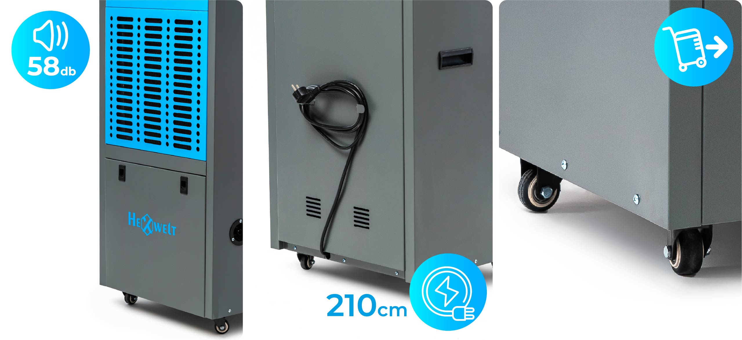 Szary osuszacz powietrza z niebieskimi otworami wentylacyjnymi, kółkami i kablem zasilającym.