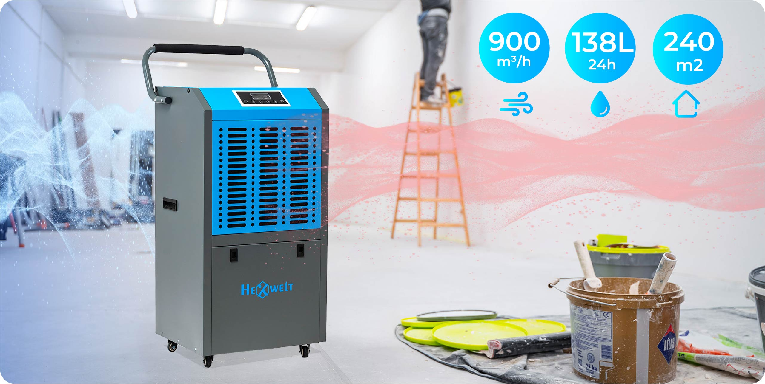 Osuszacz powietrza w pokoju w trakcie remontu. Narzędzia rozłożone.