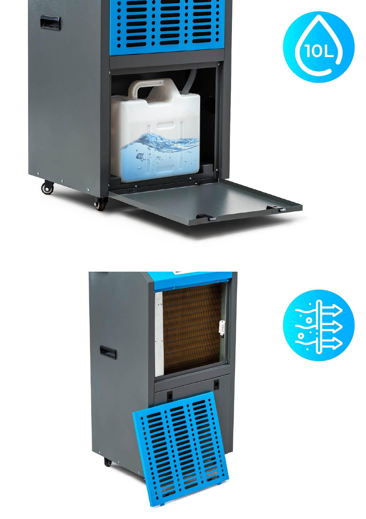 Osuszacz powietrza ze zbiornikiem 10L i ikoną przepływu powietrza. Górny obrazek pokazuje zbiornik, dolny wentylator.