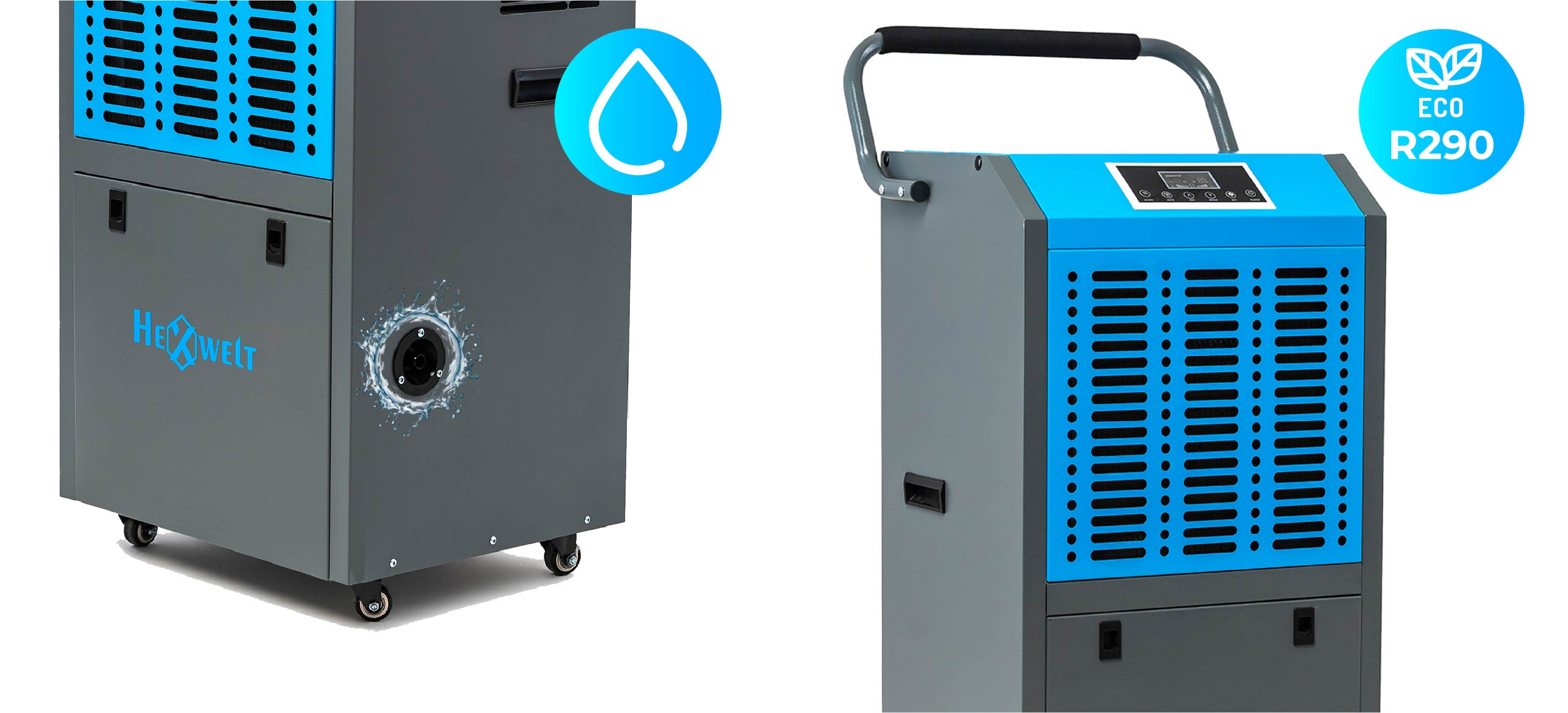 Dwa osuszacze powietrza: jeden szaro-niebieski z ikoną wody, drugi szaro-niebieski z uchwytem i etykietą eko.