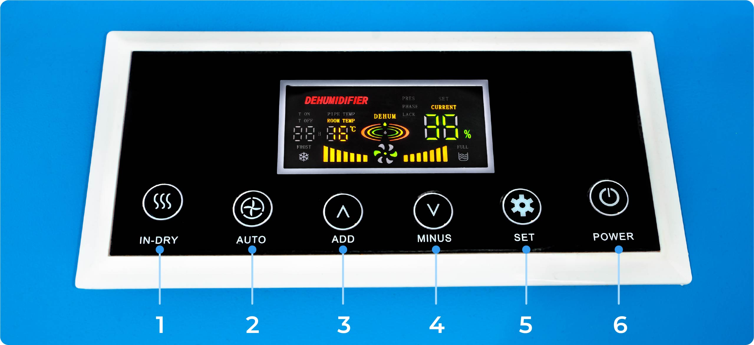 Panel sterowania osuszacza z wyświetlaczem i przyciskami.
