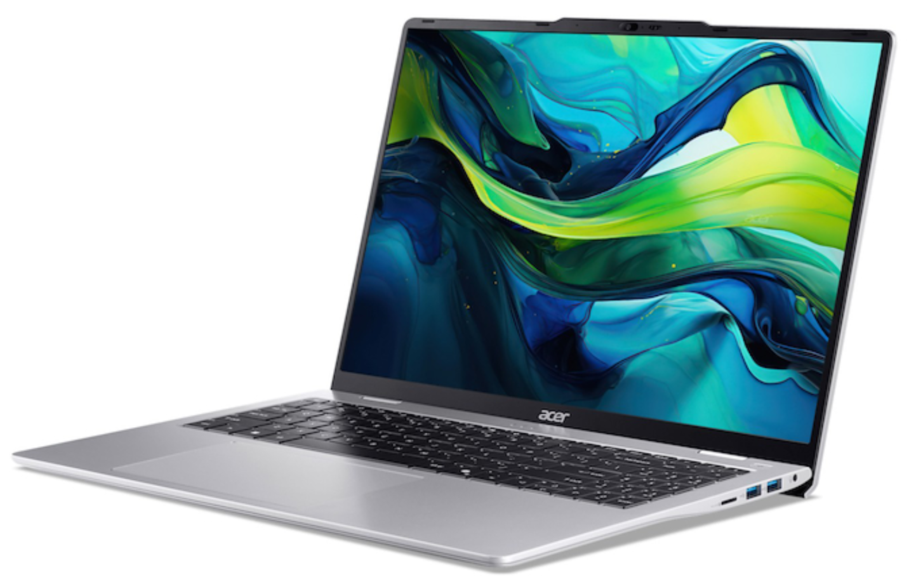 Un elegante portátil Acer plateado con teclado y un fondo de pantalla colorido.