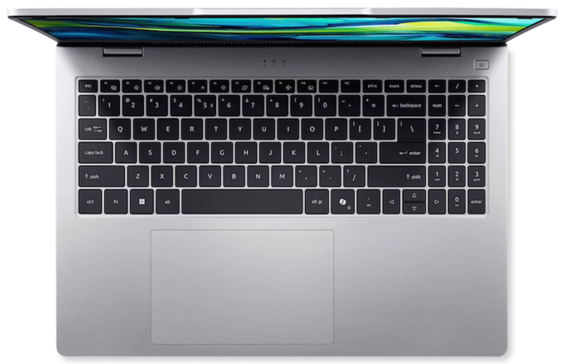 Un portátil plateado con la pantalla abierta, mostrando teclado y touchpad.
