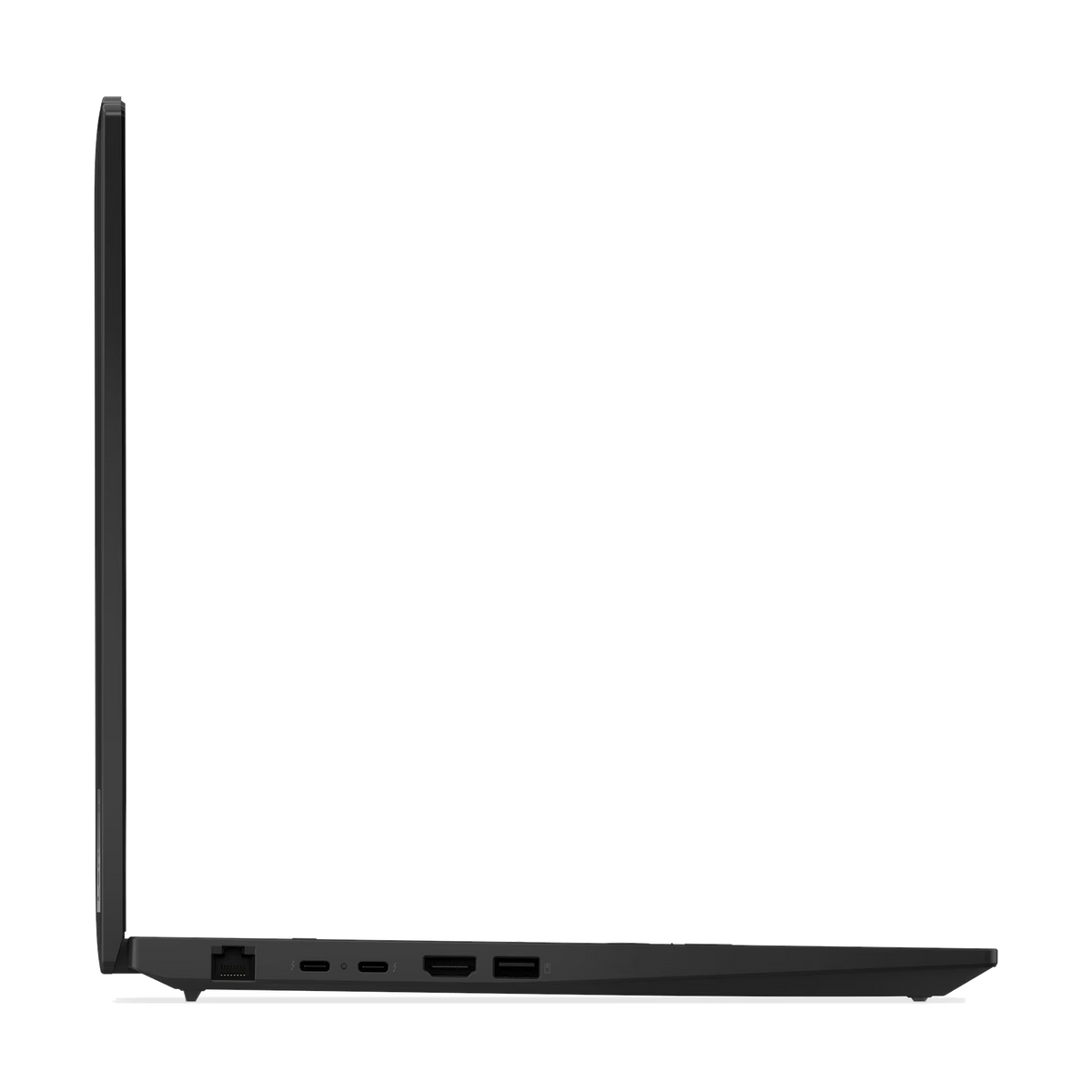 Vista lateral de un portátil cerrado mostrando puertos: Ethernet, USB-C, HDMI.