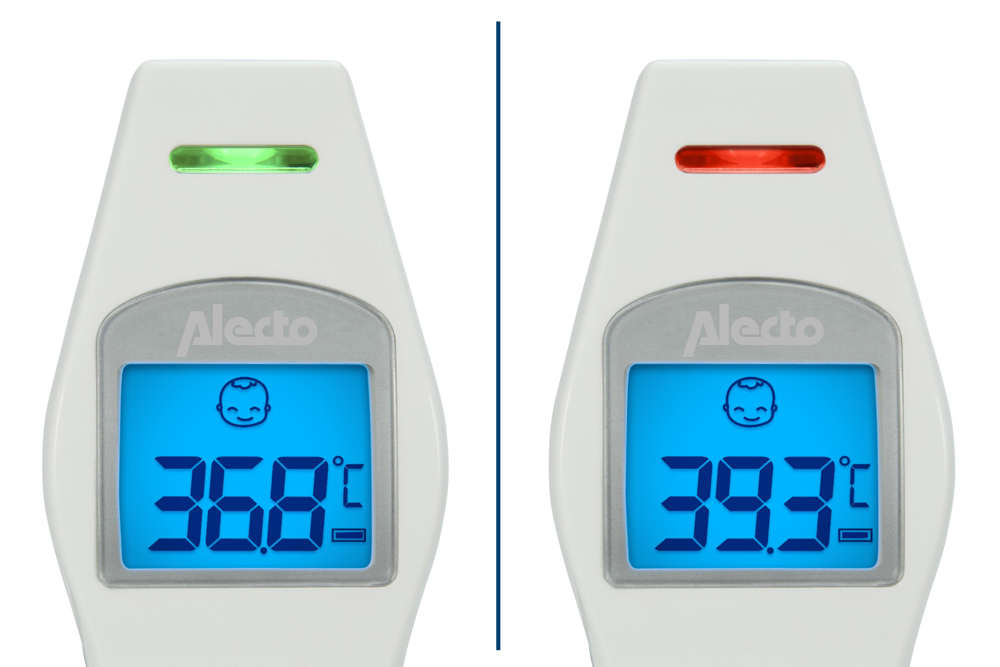 Zwei Alecto-Thermometer. Links mit grünem Licht, 36,8°C. Rechts mit rotem Licht, 39,3°C.