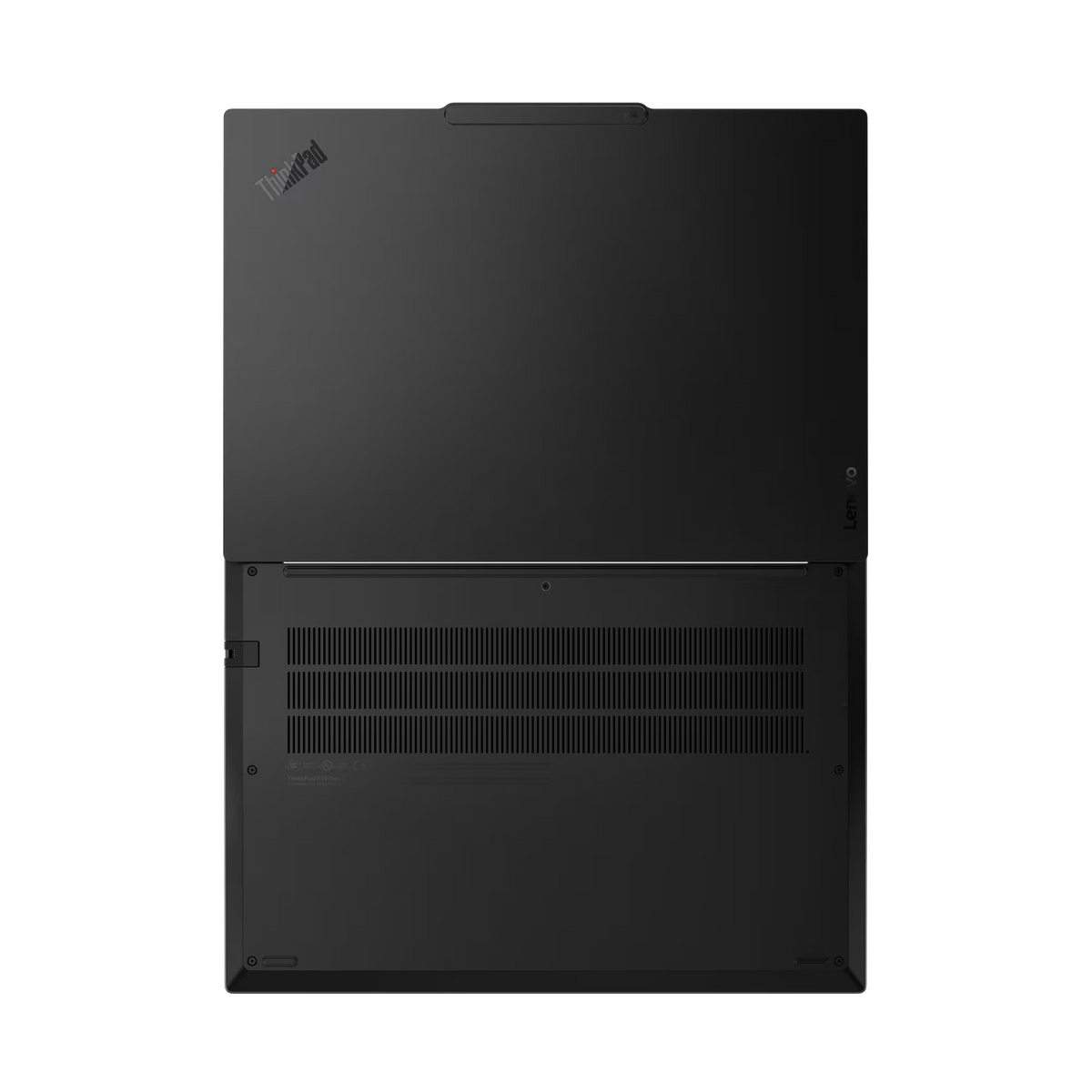 Portátil negro con logo ThinkPad arriba a la izquierda y logo Lenovo a la derecha.