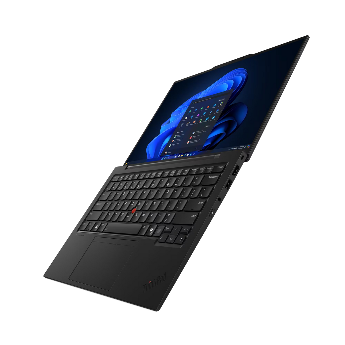 Un portátil negro con la pantalla abierta, mostrando Windows 11.