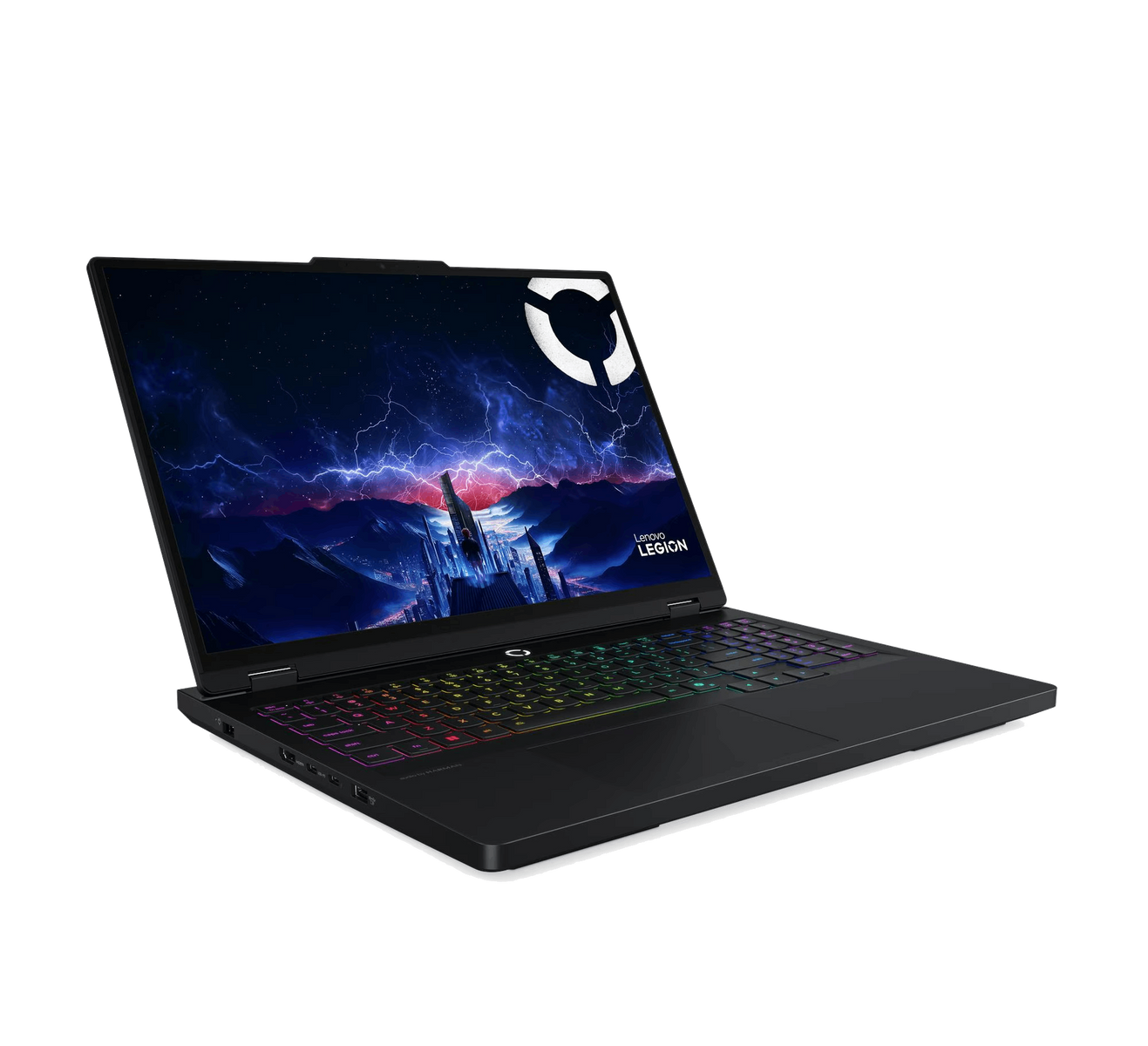 Portátil Lenovo Legion negro con teclado iluminado y fondo de pantalla futurista.