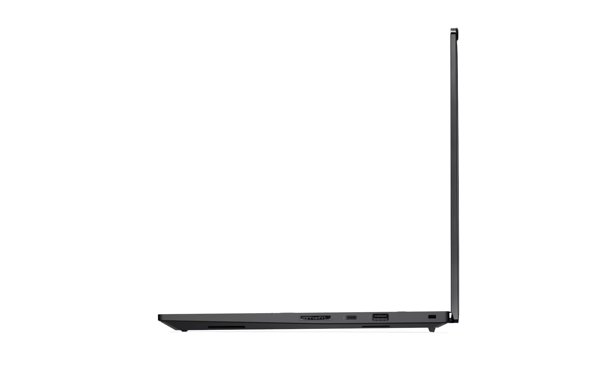 Portátil negro en perfil lateral mostrando puertos USB y HDMI.