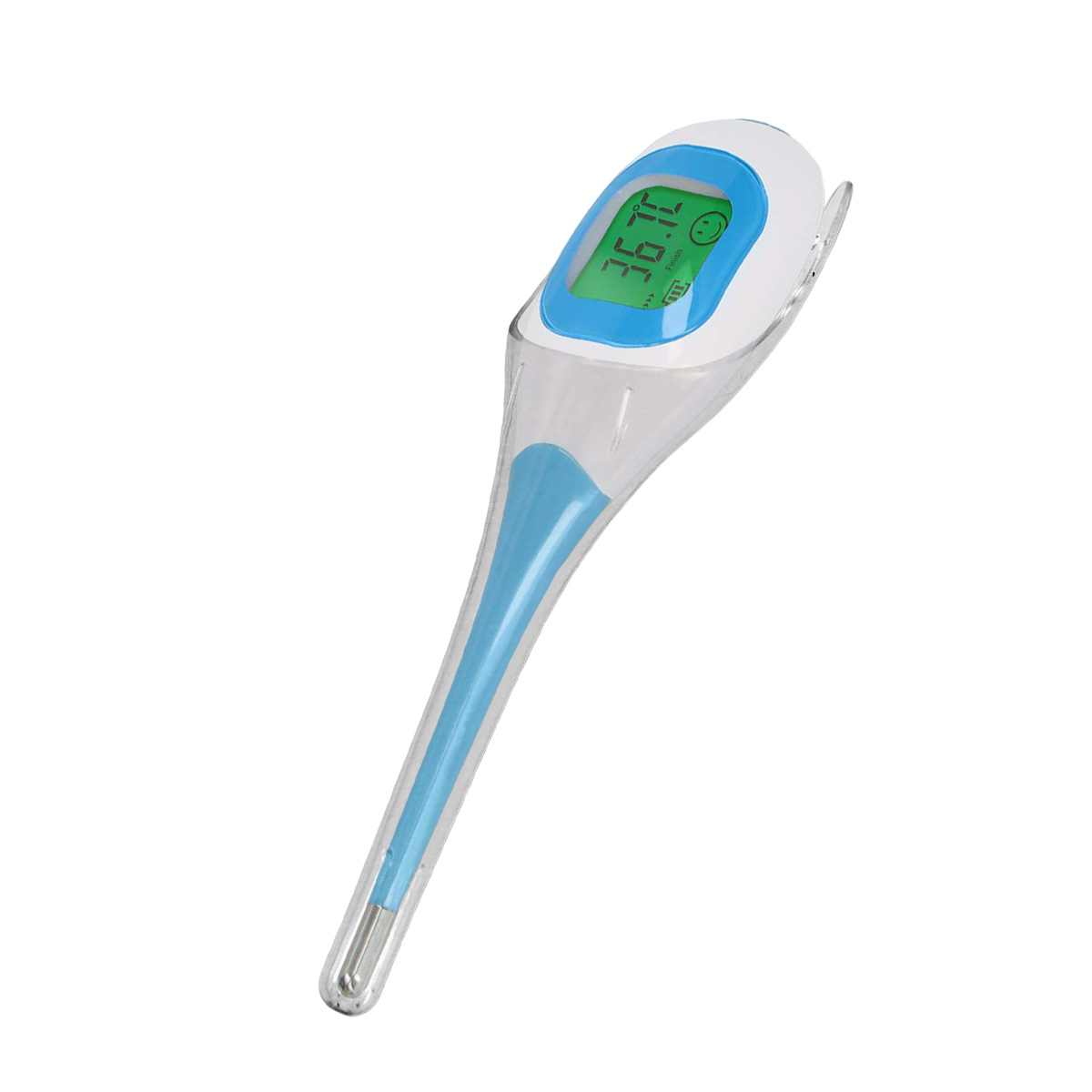 Ein digitaler Thermometer mit blauem Griff und einem grünen Display zeigt 36,7°C.