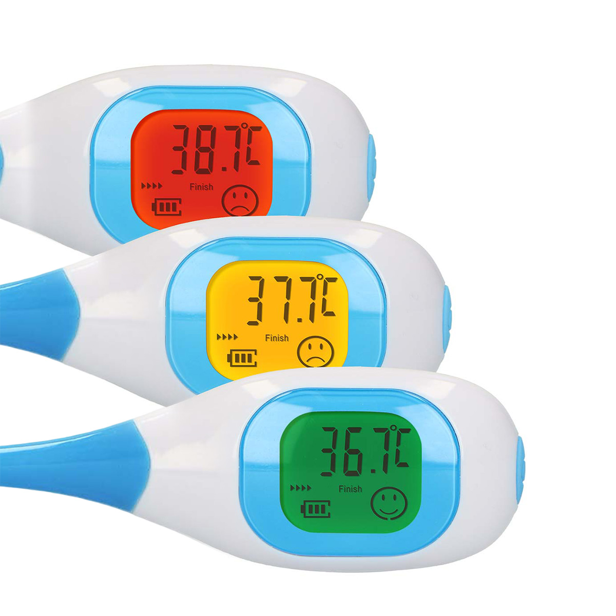 Drei digitale Thermometer mit unterschiedlichen Anzeigen: 38,7°C (rot), 37,7°C (gelb), 36,7°C (grün).