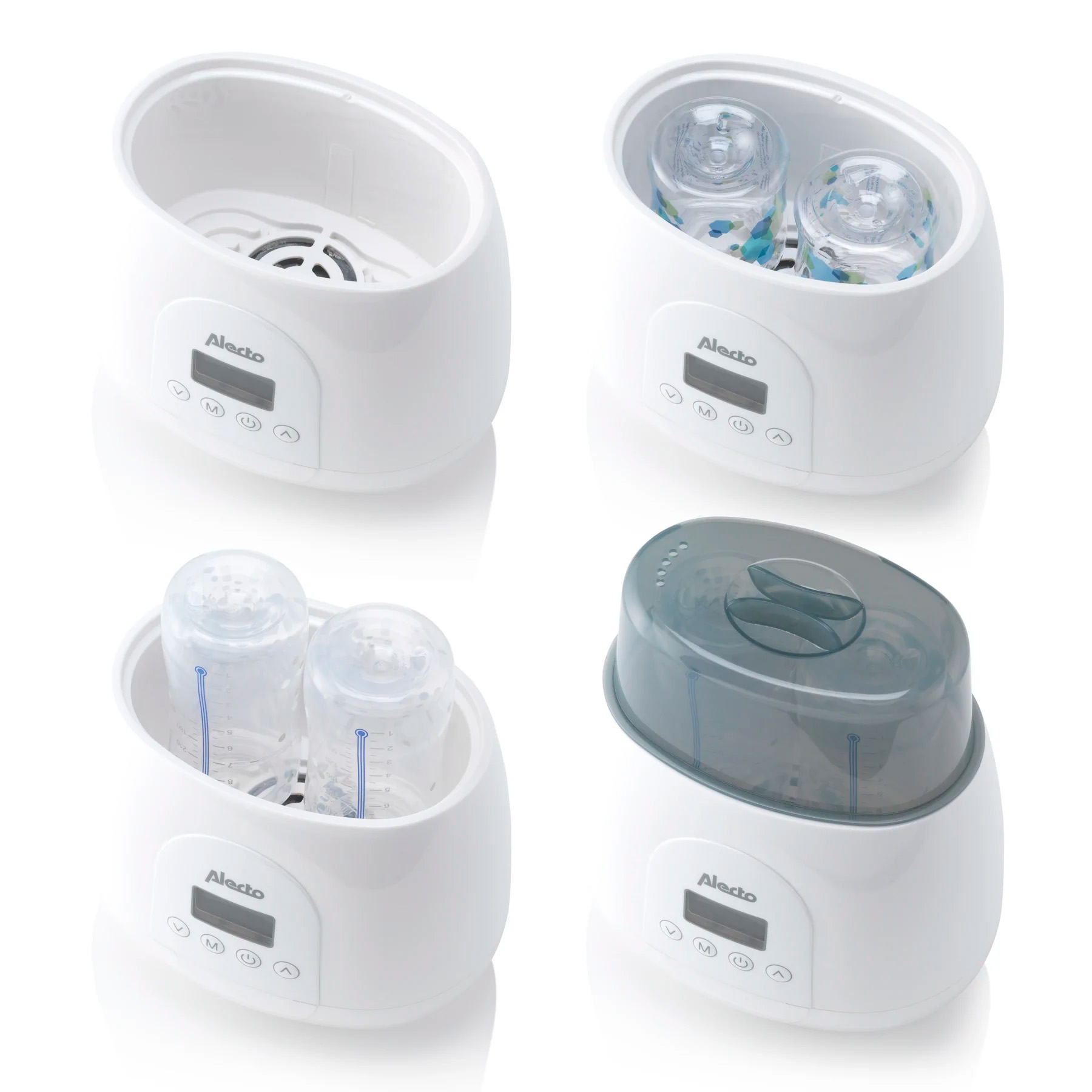 Cuatro vistas de un esterilizador blanco para biberones con pantalla digital y controles.