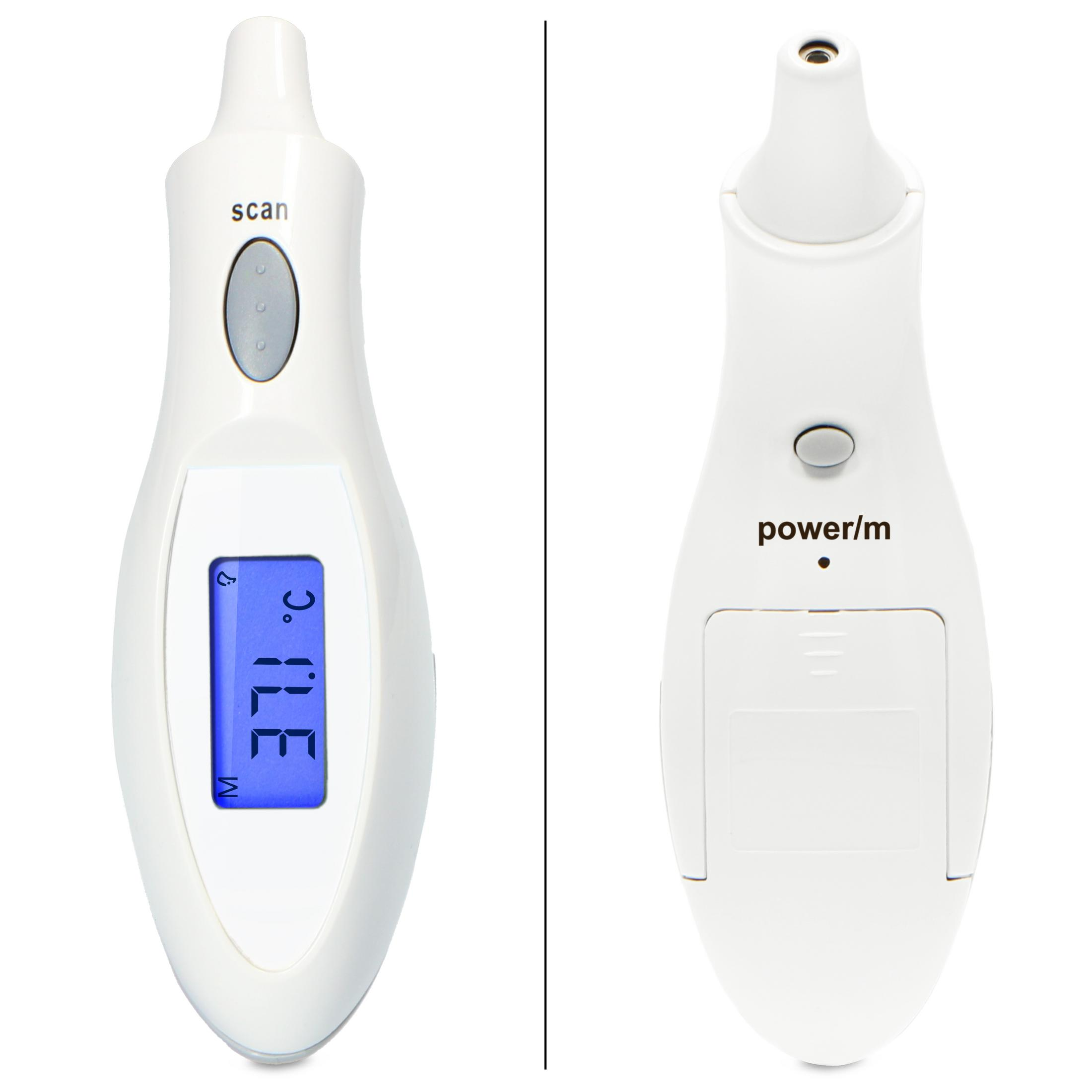 Ein weißes digitales Thermometer mit blauem Display, das 37,1 °C anzeigt.