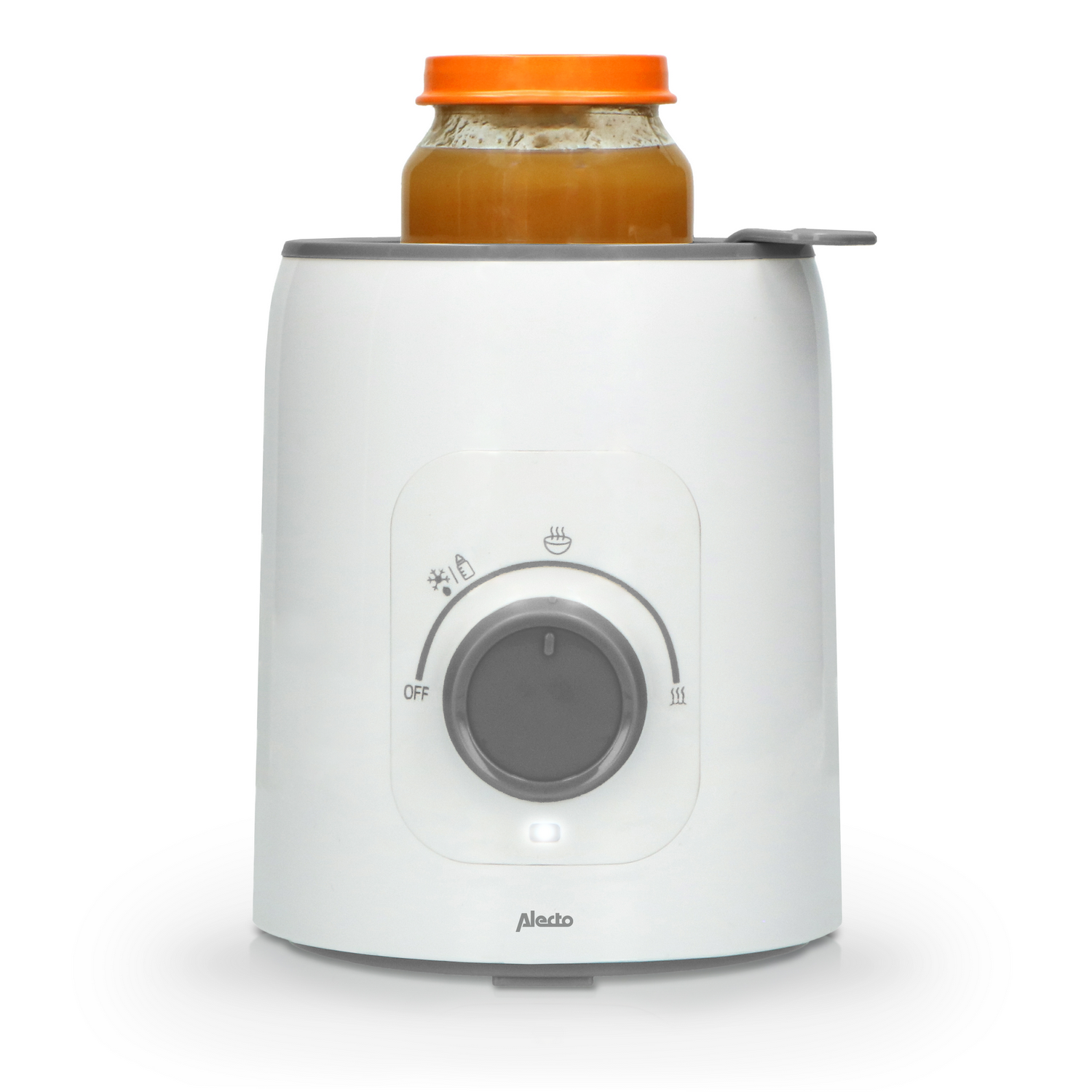 A white bottle warmer with a jar of baby food and an orange lid on top.