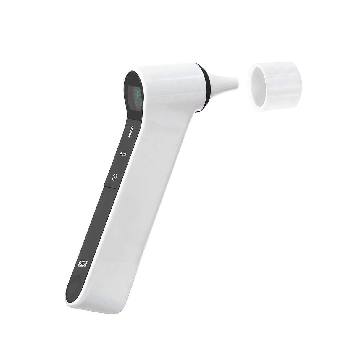 Ein weißes digitales Ohrthermometer mit schwarzem Griff und Display.