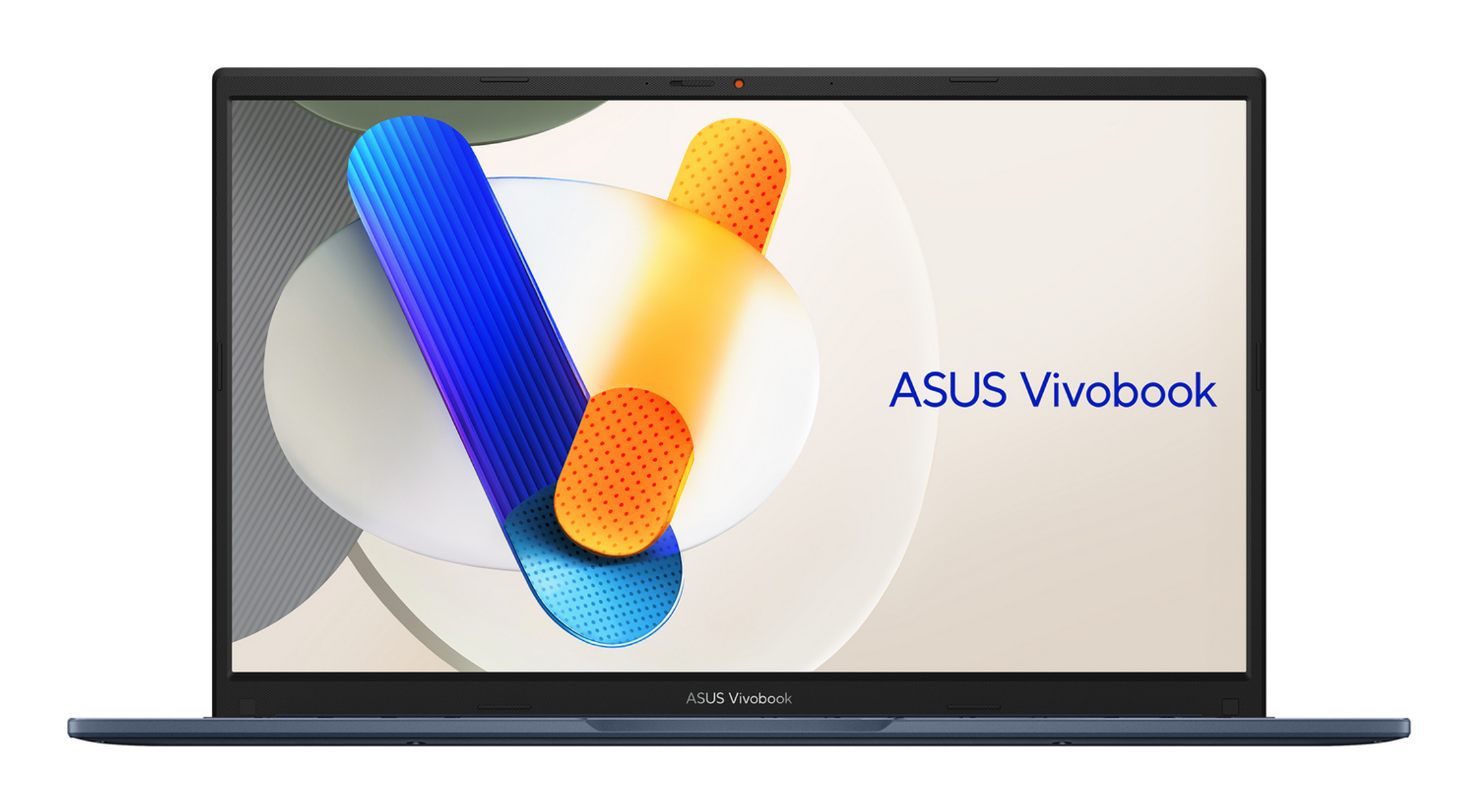 Un portátil ASUS Vivobook azul con fondo abstracto.