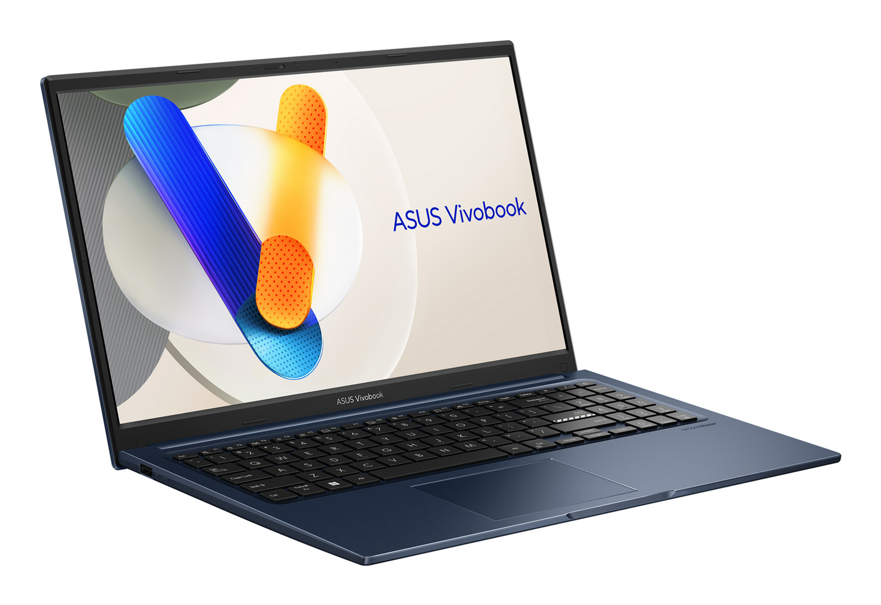Un portátil ASUS Vivobook azul con teclado y pantalla de diseño abstracto.