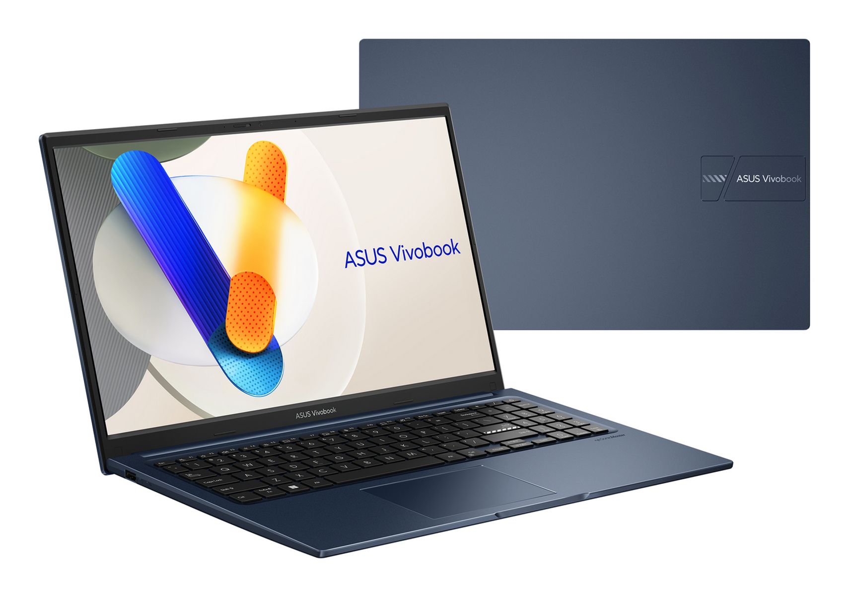 Portátil Asus Vivobook azul, abierto con teclado y pantalla en primer plano.