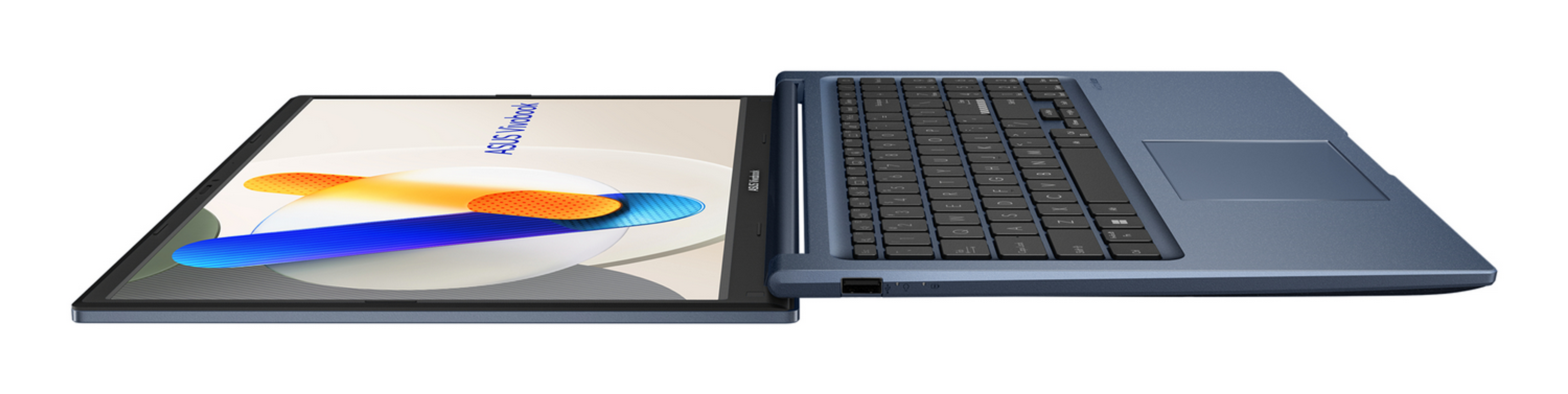 Un portátil ASUS Vivobook azul está abierto, mostrando su teclado y touchpad.