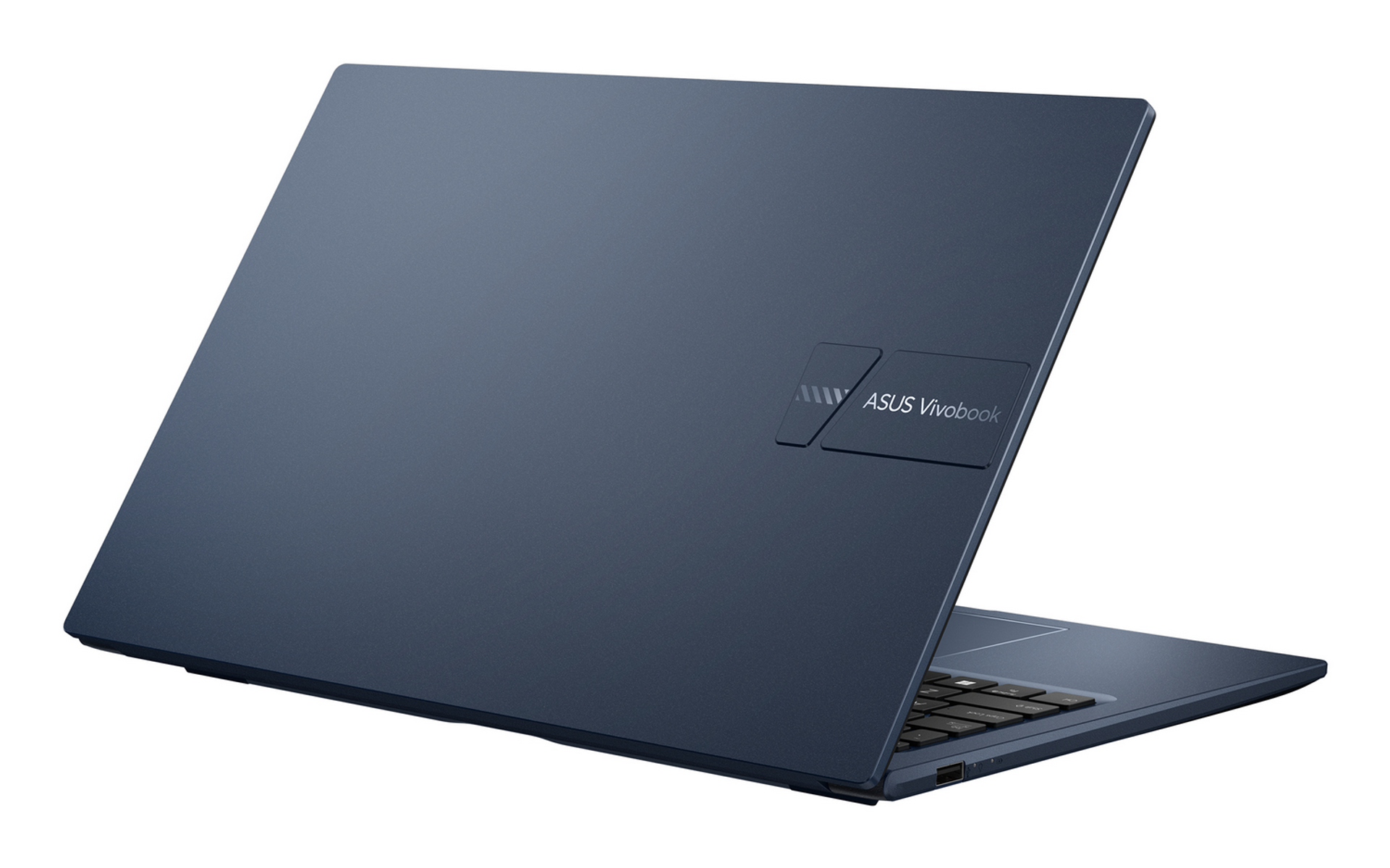 Un portátil cerrado de color azul oscuro con el logo de ASUS Vivobook.