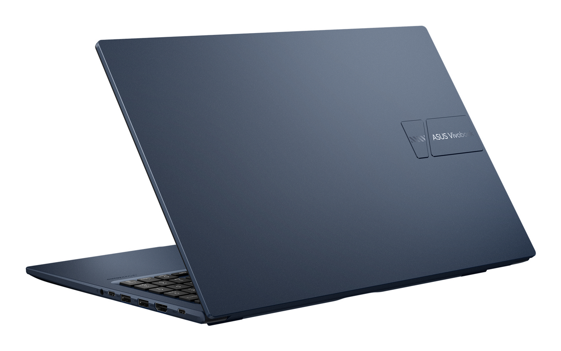 Portátil Asus Vivobook azul oscuro, abierto, mostrando teclado y puertos.