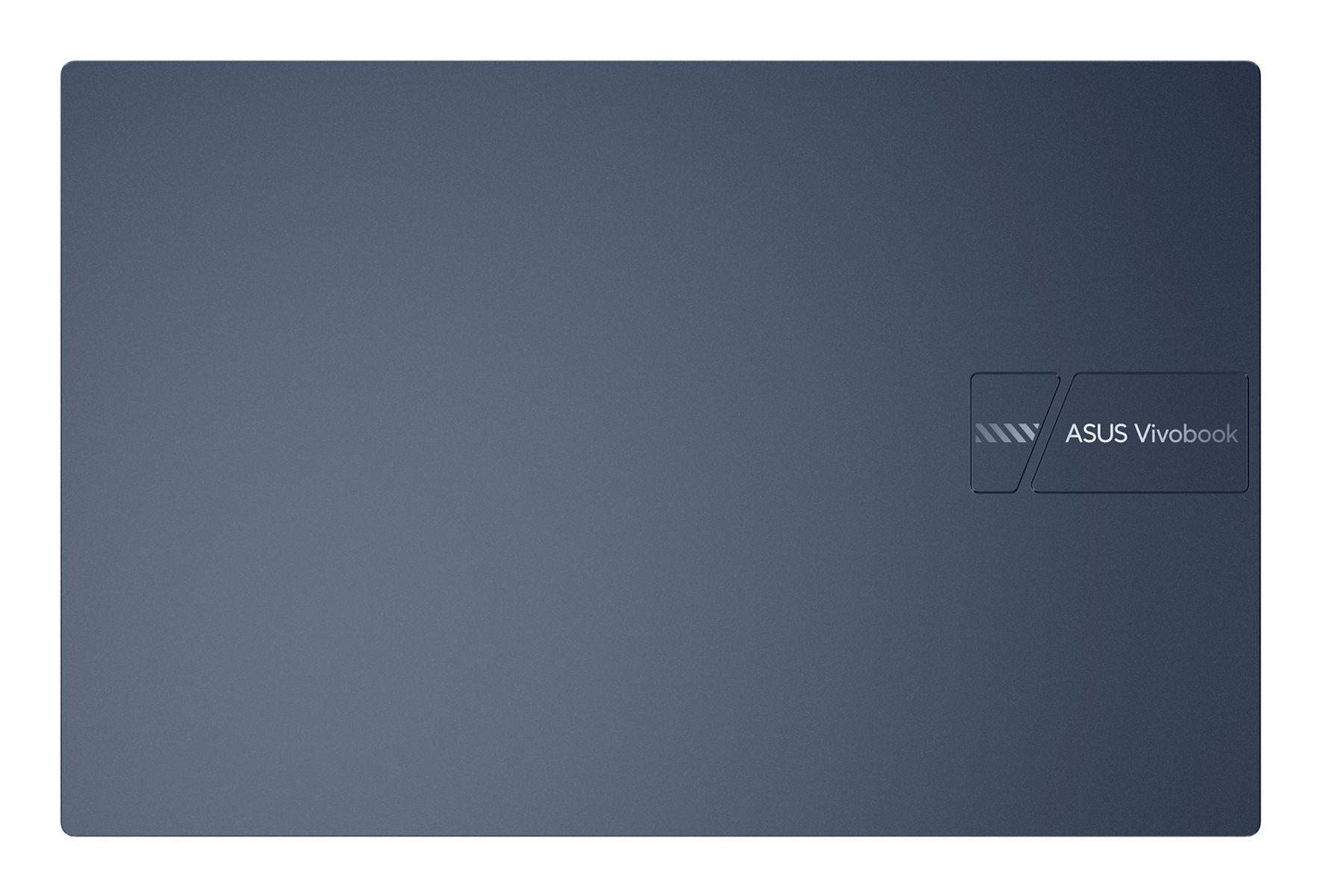 Tapa de portátil azul oscuro con un logo plateado de ASUS Vivobook.
