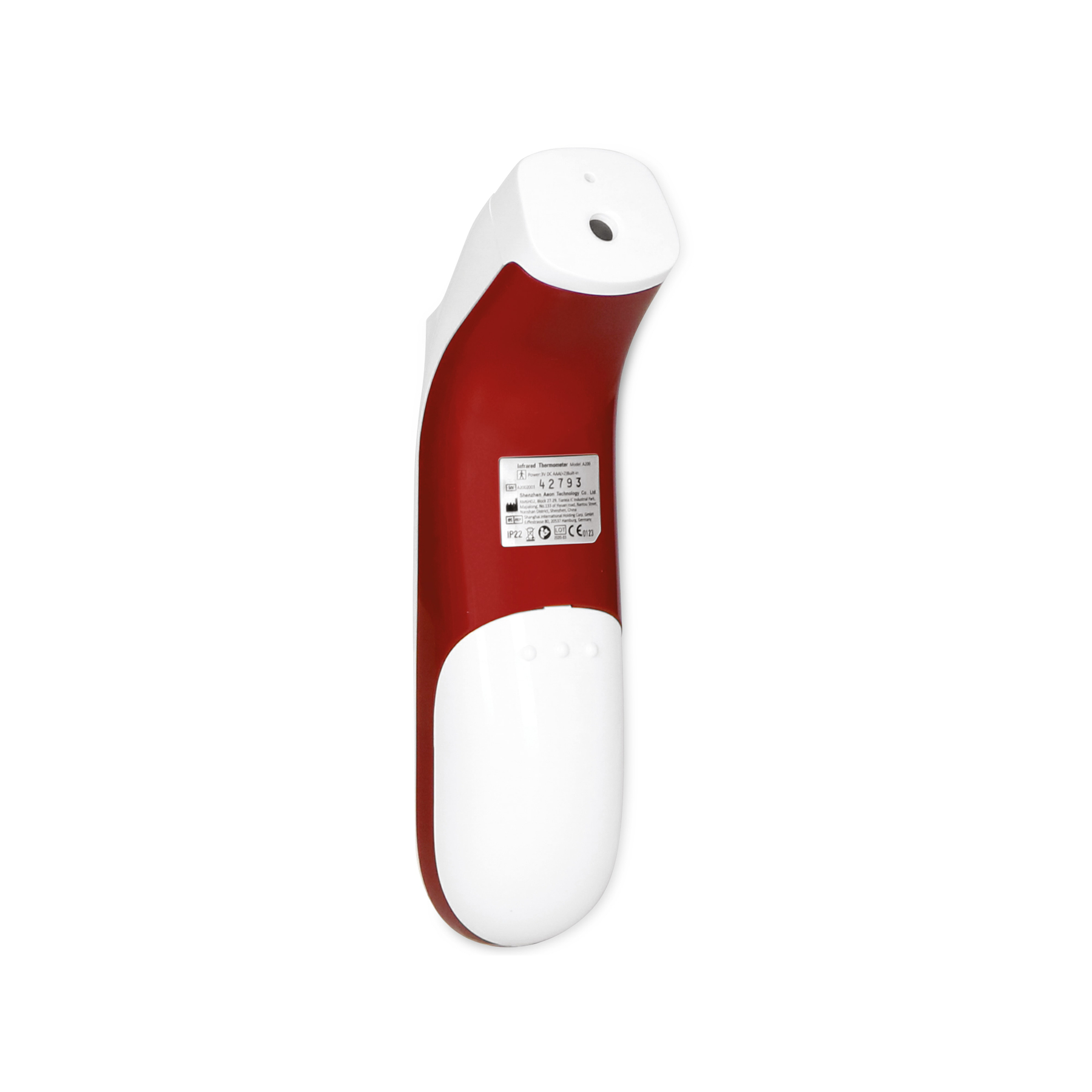 Ein rotes und weißes Infrarot-Thermometer mit technischen Daten.