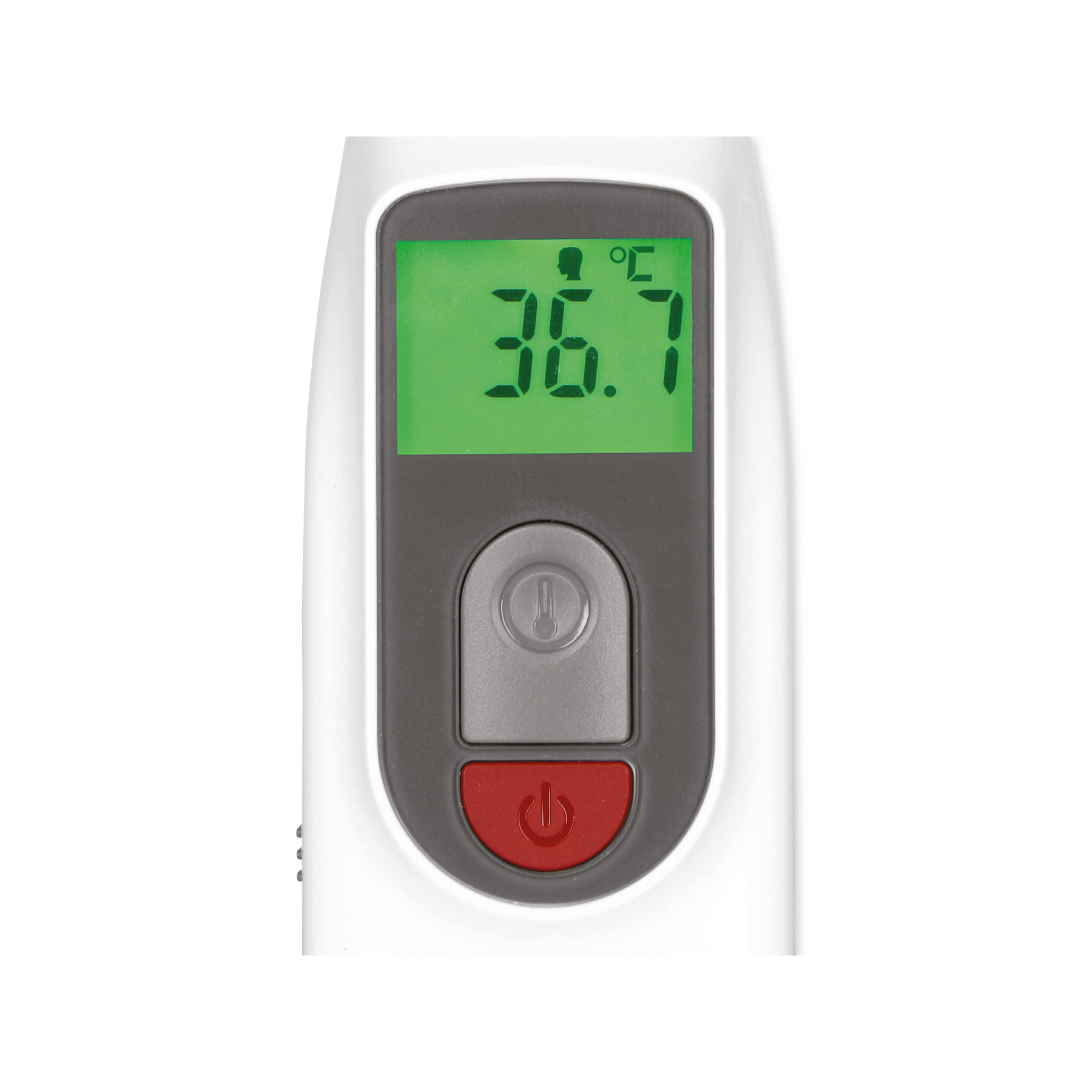 Digitalthermometer zeigt 36,7°C an, mit rotem Ein-/Ausschalter.