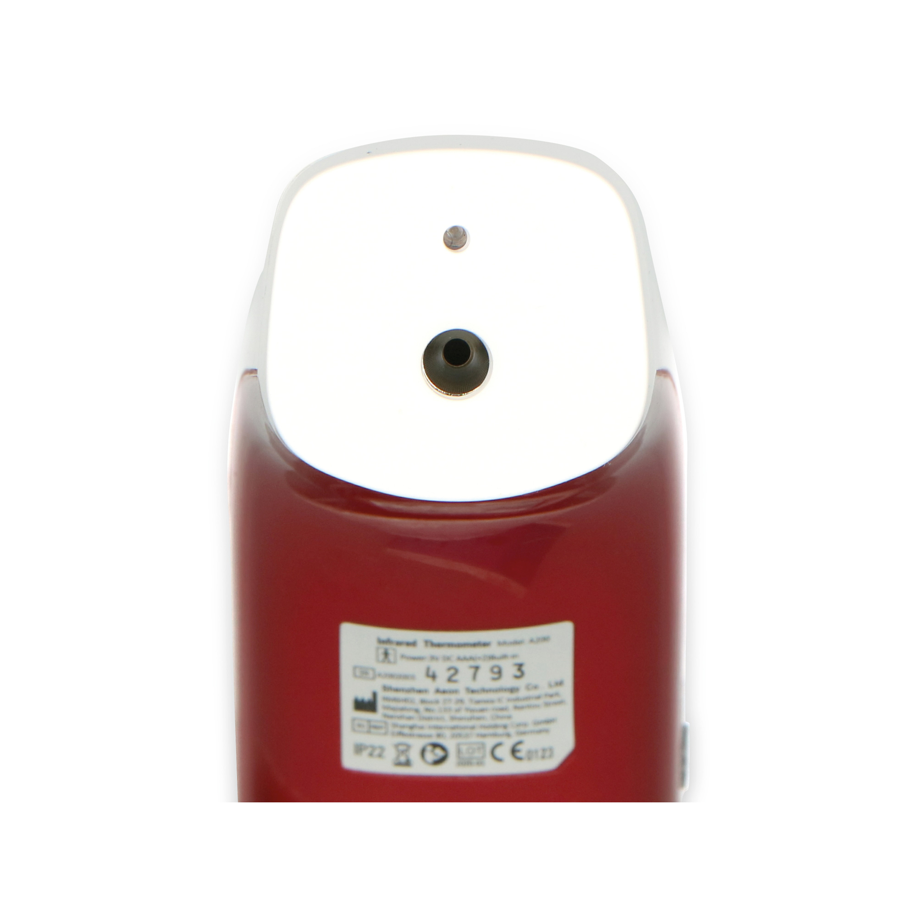 Rotes Infrarot-Thermometer mit weißer Oberseite und einem Sensorloch.