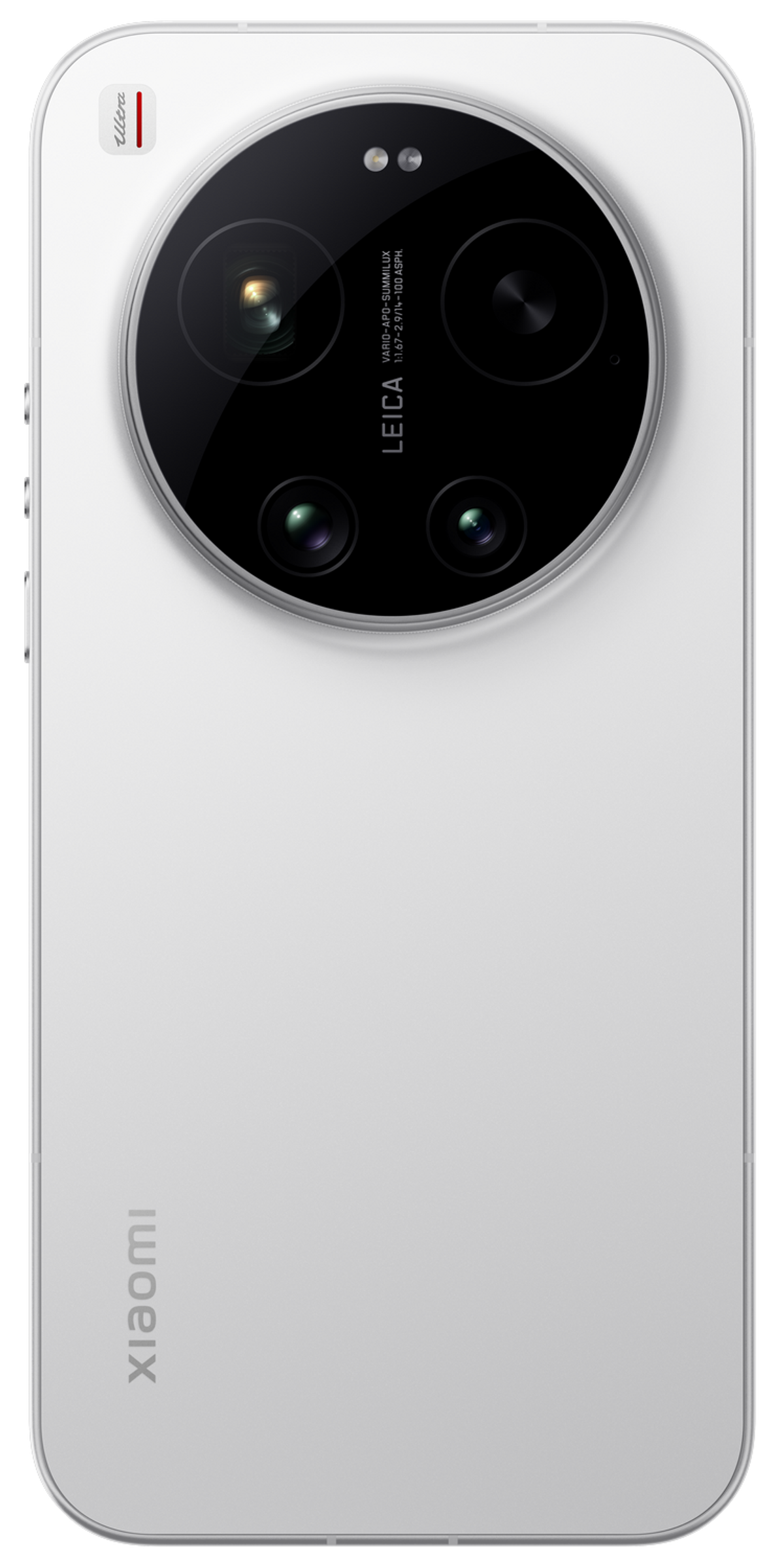 Ein weißes Smartphone mit großem, rundem Kameramodul und Leica-Branding.